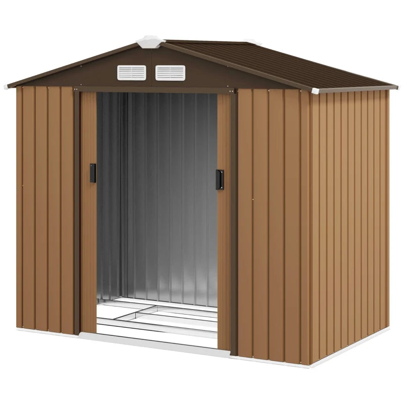 7 x 4ft Lockable Metal Garden Tool Storage Shed, Outdoor Storage Shed with Foundation and vents, Light Brown
