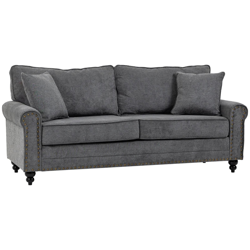 196cm 3 Seater Sofa, Fabric Sofa with Rubber Wood Legs, Nailhead Trim, 2 Pillows, Small Upholstered Couch Settee for Living Room, Guest Room, Grey