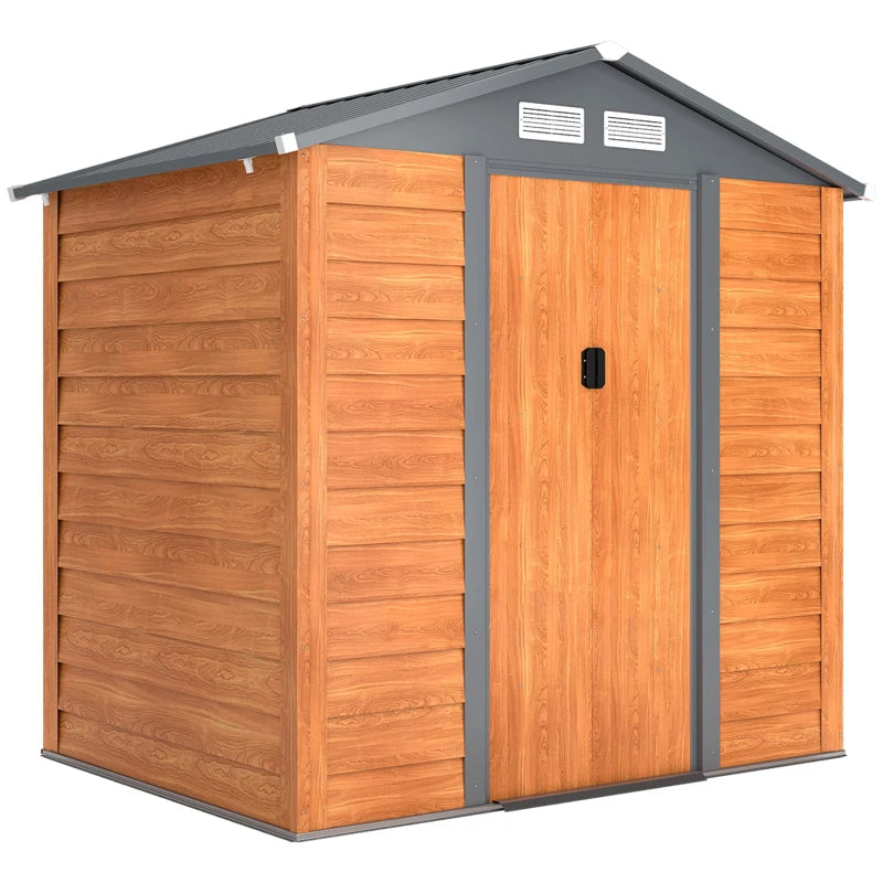 6.5 x 5ft Metal Garden Shed, House Hut Gardening Tool Storage with Ventilations, Sliding Door, Sloped Roof for Garden, Patio, Brown