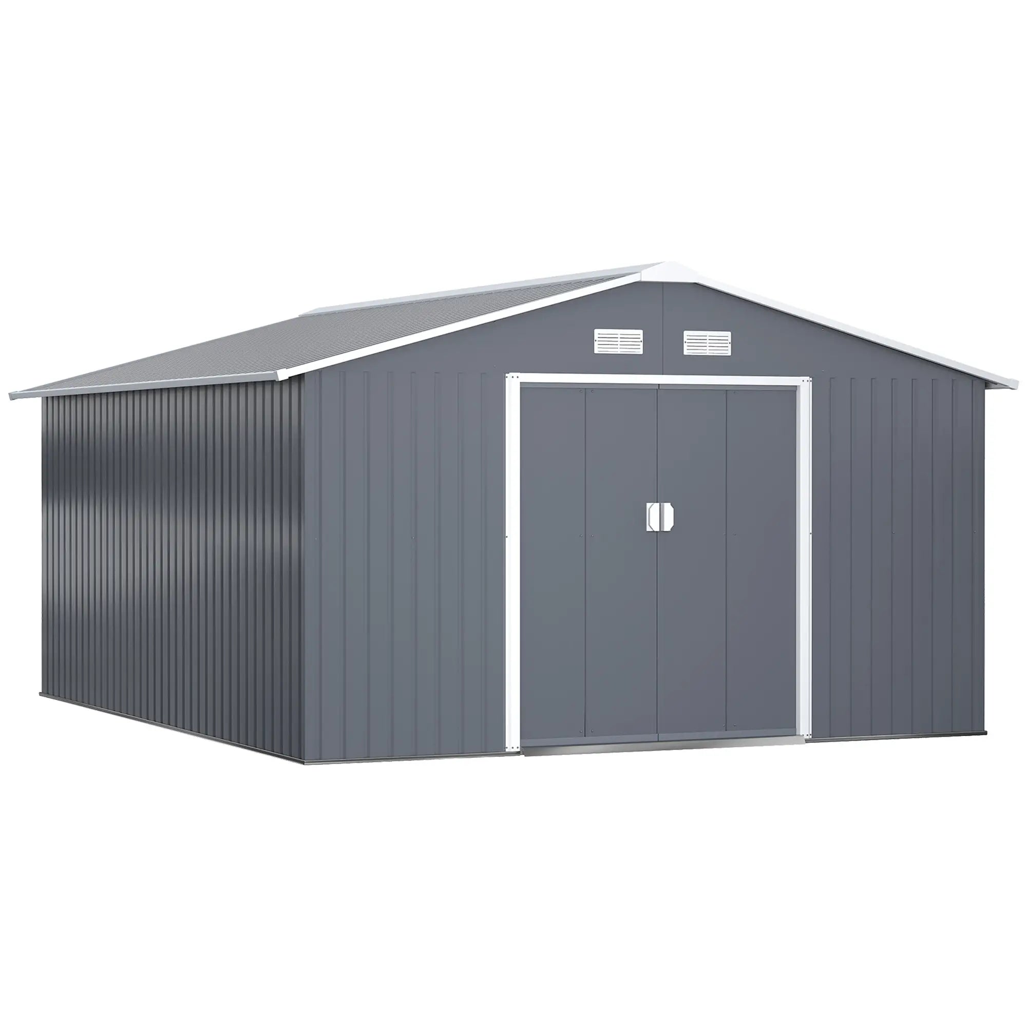 13 x 11ft Metal Garden Shed, Outdoor Storage Tool House with Ventilation Slots, Foundation Kit and Lockable Double Doors, Grey