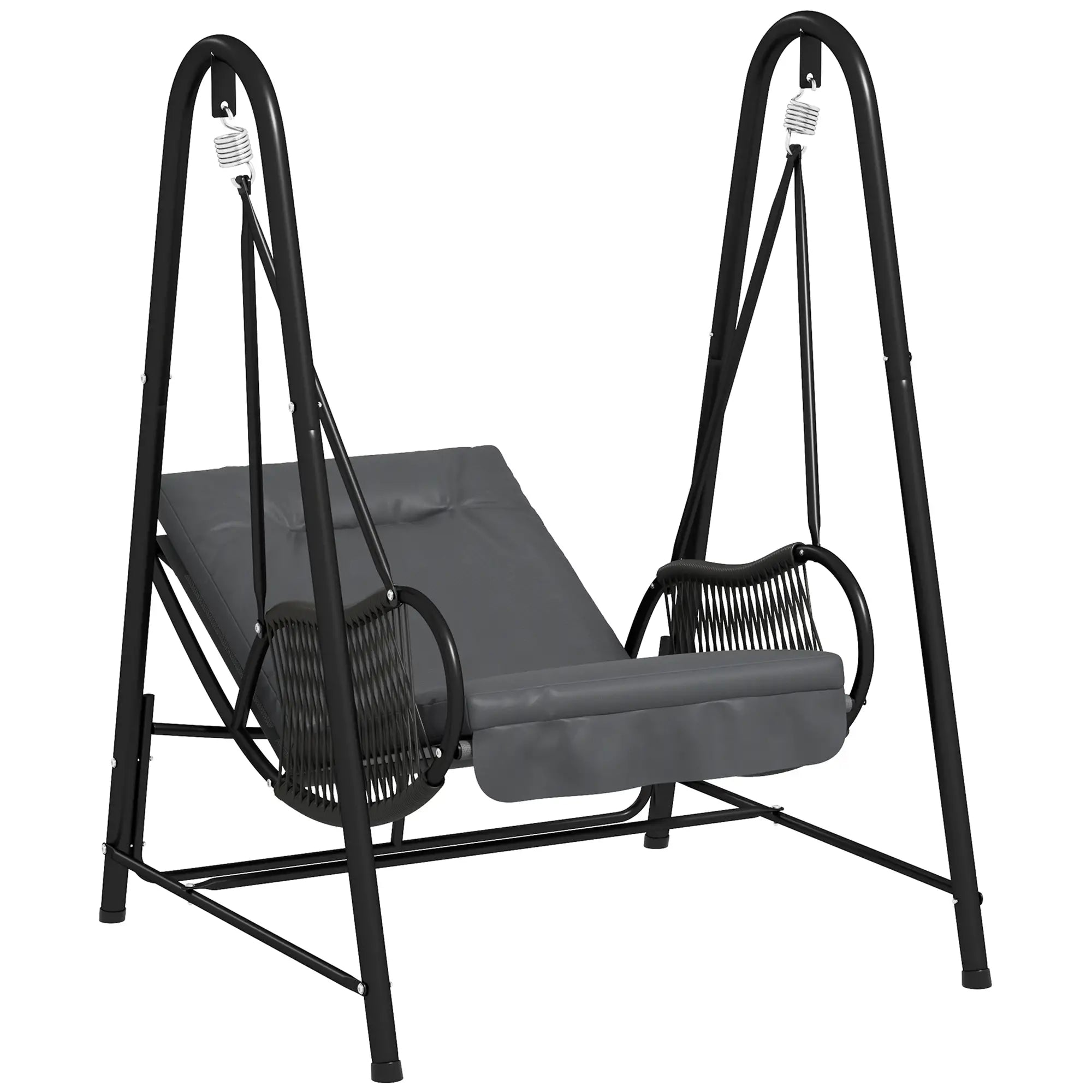 Rattan Swing Chair, Outdoor Garden Hanging Swing Seat with Stand and Seat Cushion, Porch Hanging Chair for Balcony, Garden, Deck, Dark Grey