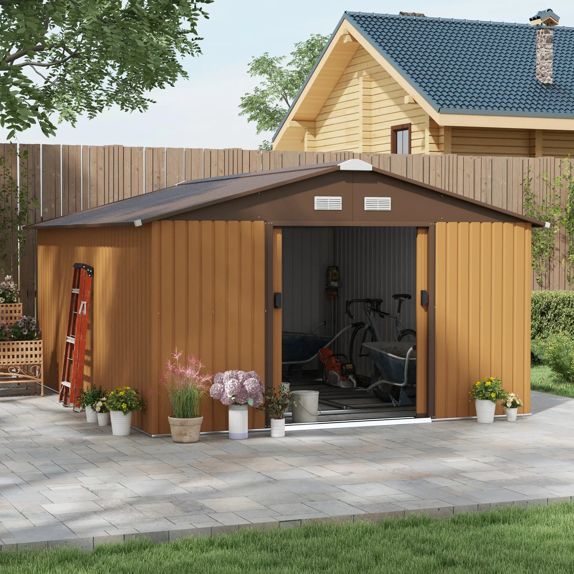 13 x 11ft Metal Garden Shed, Outdoor Storage Tool House with Ventilation Slots, Foundation Kit and Lockable Double Doors, Light Brown