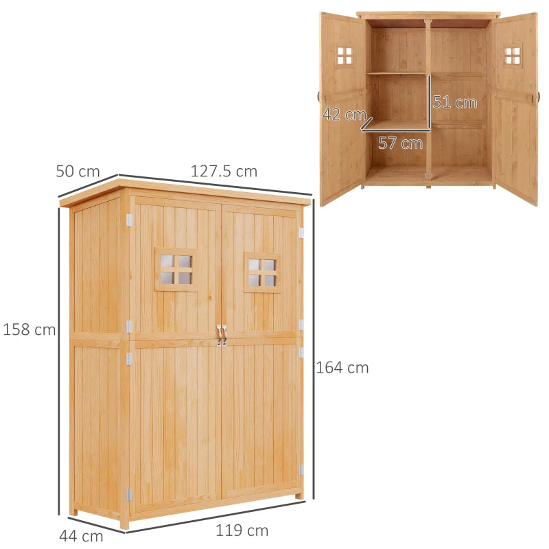 Wooden Garden Shed with Two Windows, Tool Storage Cabinet, Outdoor Double Door Organizer 127.5L x 50W x 164H cm, Natural