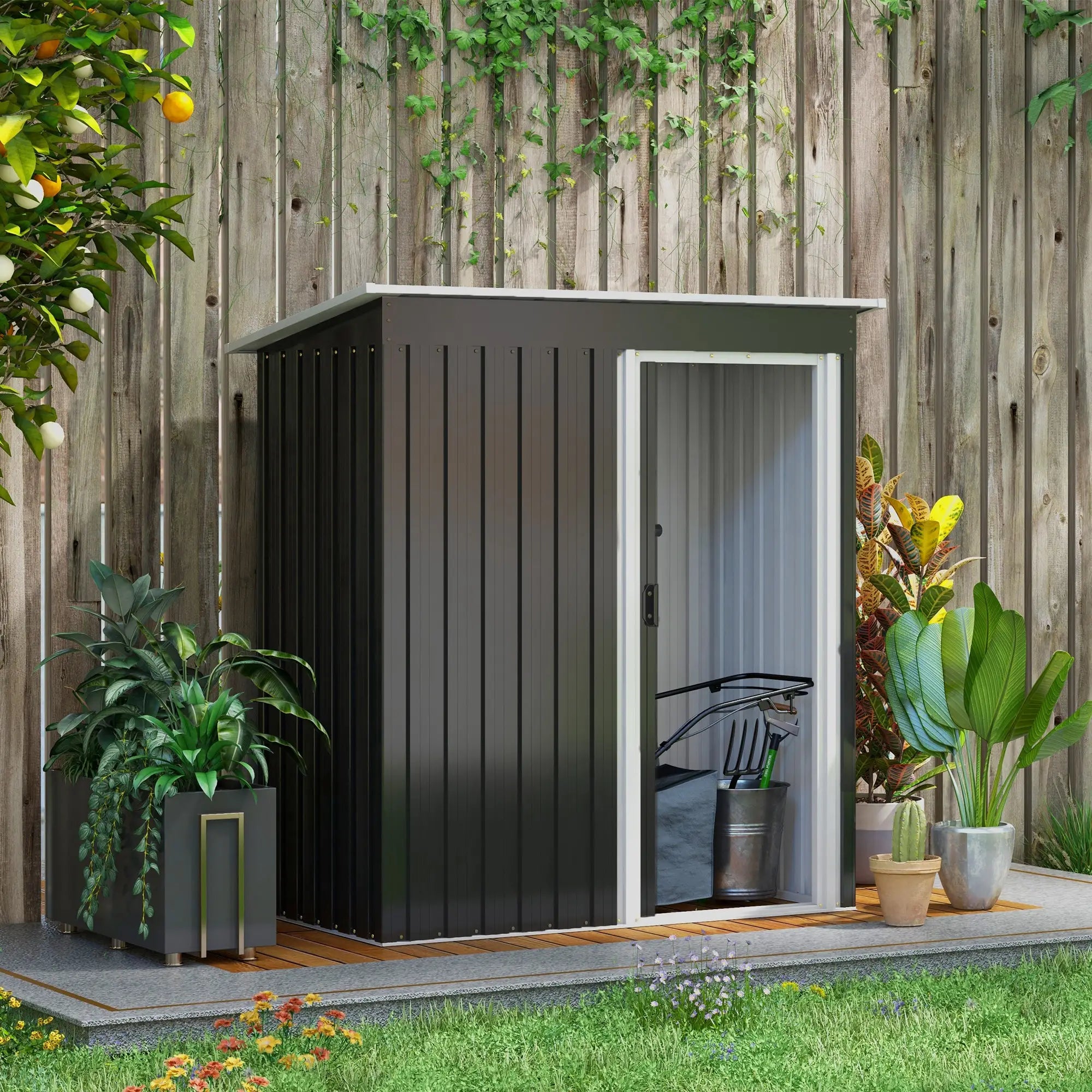 3ft Garden Storage Shed with Sliding Door and Sloped Roof Outdoor Equipment Tool, Black