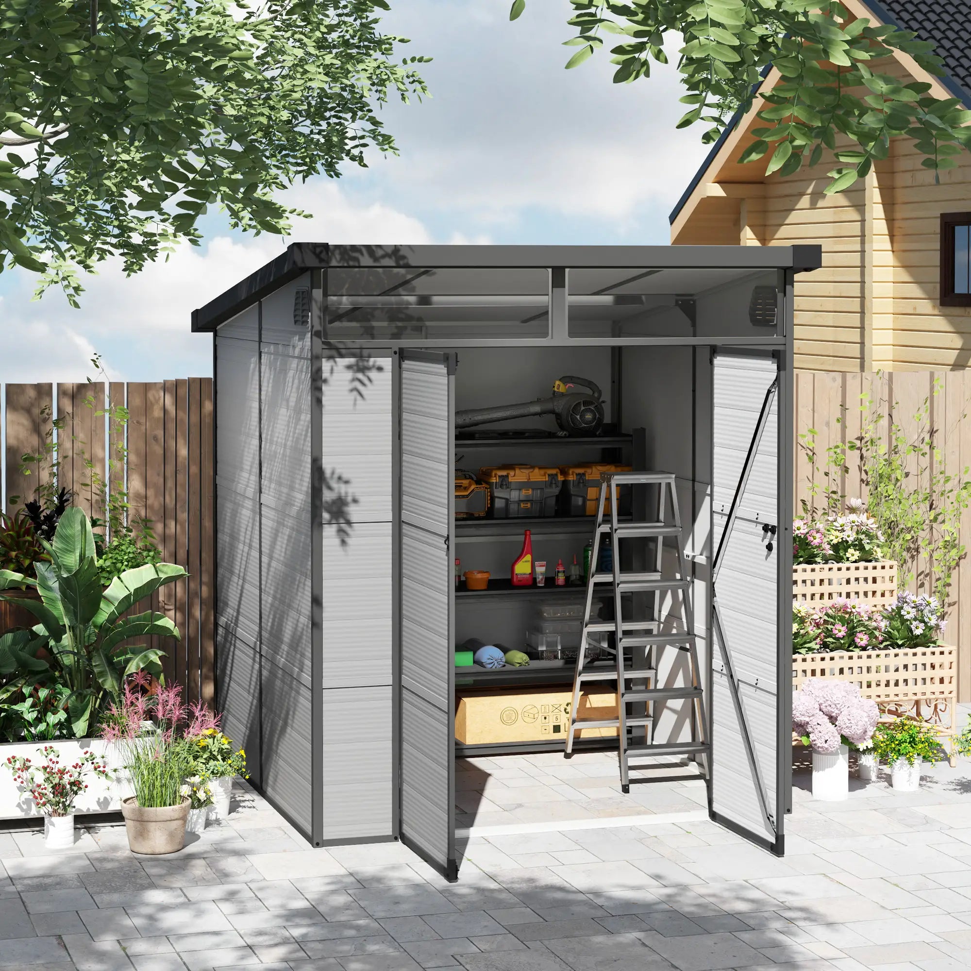 6 x 6ft Outdoor Storage Shed, Plastic Garden Shed with Windows and Air Vents, Outdoor Resin Tool Shed with Latch Doors for Garden, Deck, Light Grey