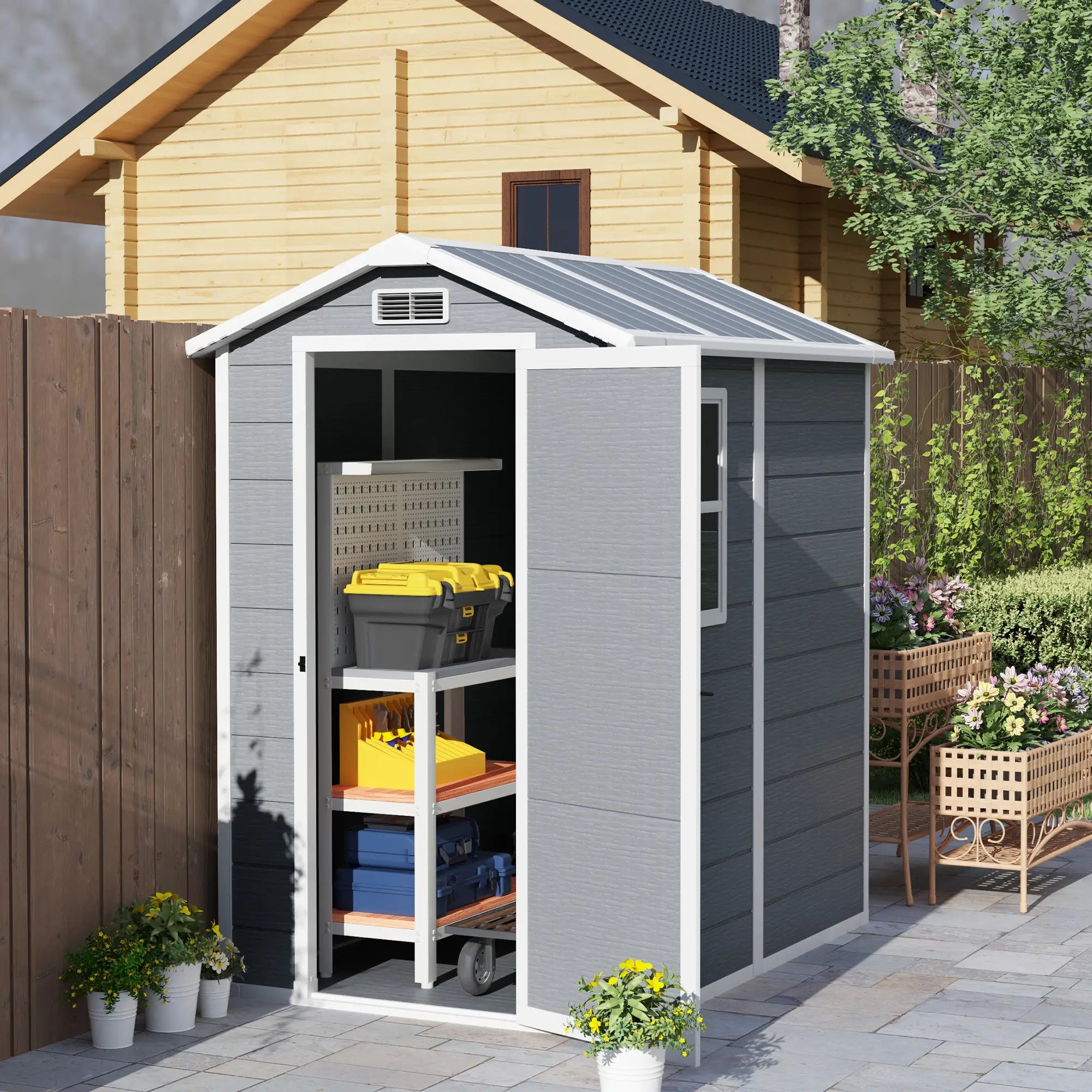 4 x 6ft Garden Shed, Plastic Shed with Floor, Window, Lockable Door and Vents, Resin Tool Shed for Outdoor Patio Storage, Zero Maintenance, Grey
