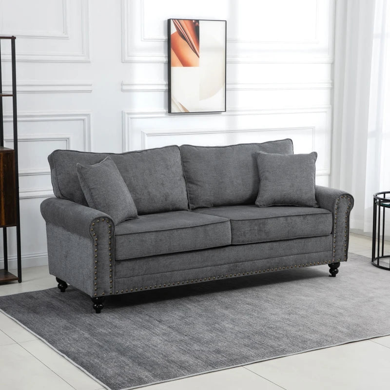 196cm 3 Seater Sofa, Fabric Sofa with Rubber Wood Legs, Nailhead Trim, 2 Pillows, Small Upholstered Couch Settee for Living Room, Guest Room, Grey