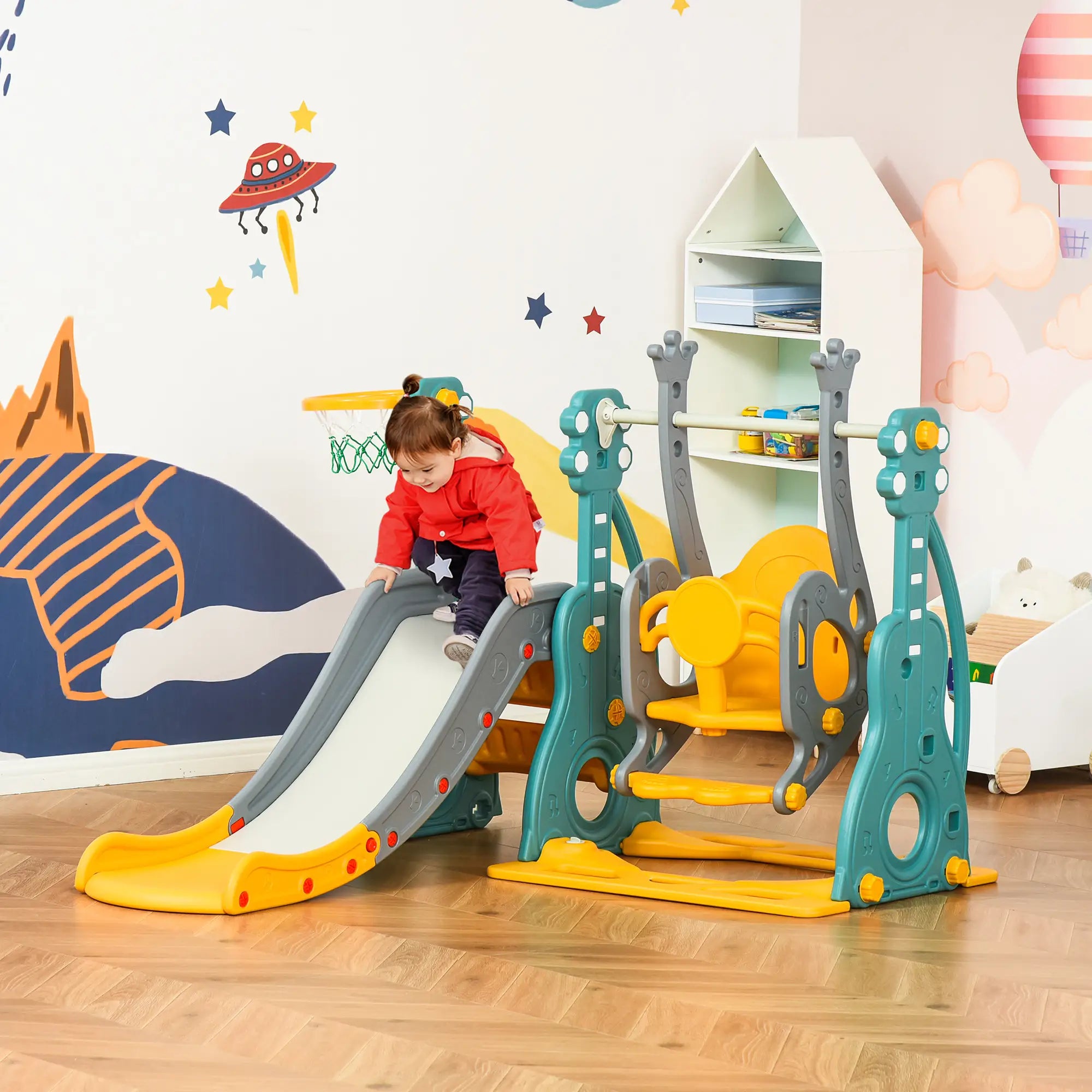 3-IN-1 Kids Swing and Slide Set with Basketball Hoop Slide Swing Adjustable Seat Height Toddler Playground Activity Center Indoor and Outdoor Play Equipment