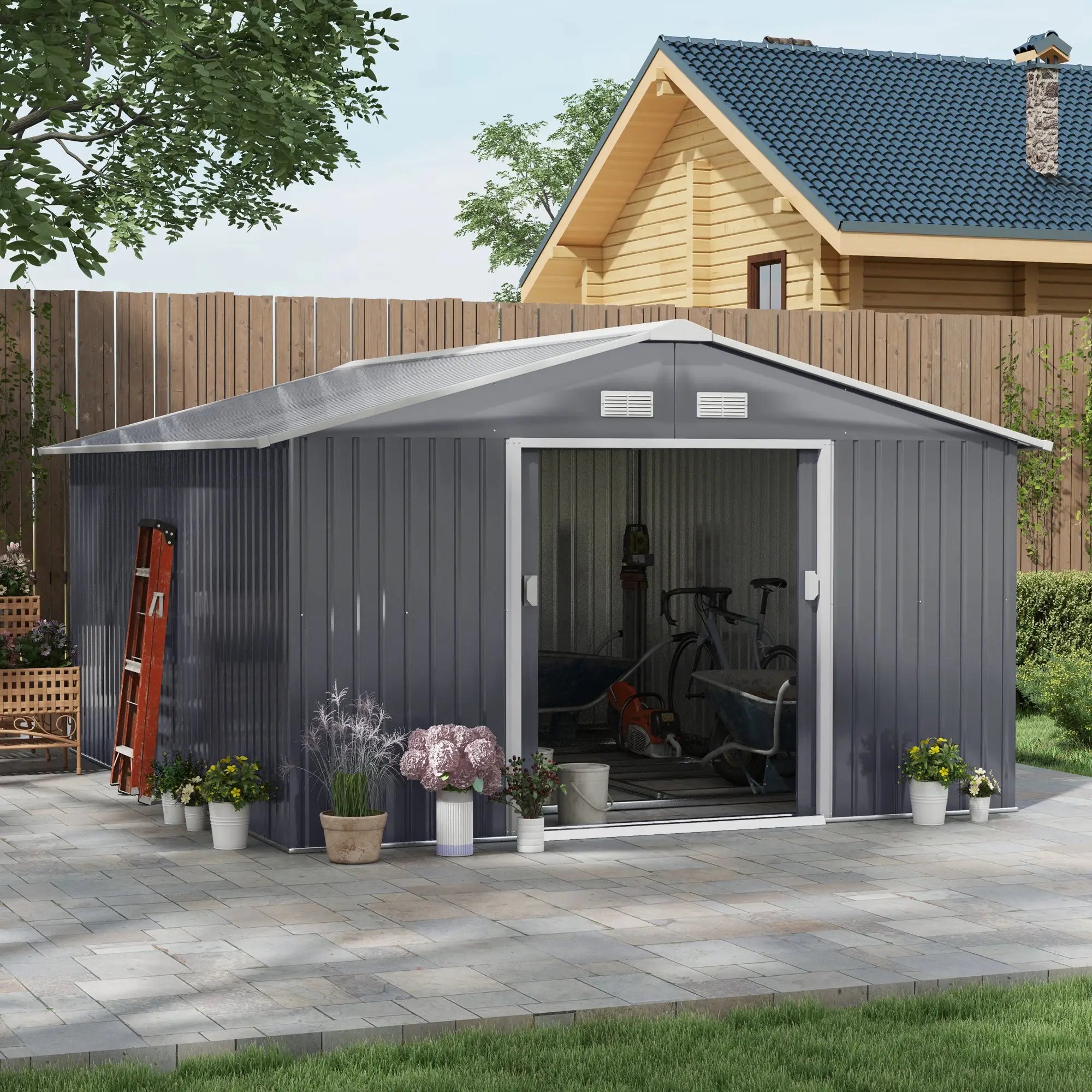 13 x 11ft Metal Garden Shed, Outdoor Storage Tool House with Ventilation Slots, Foundation Kit and Lockable Double Doors, Grey