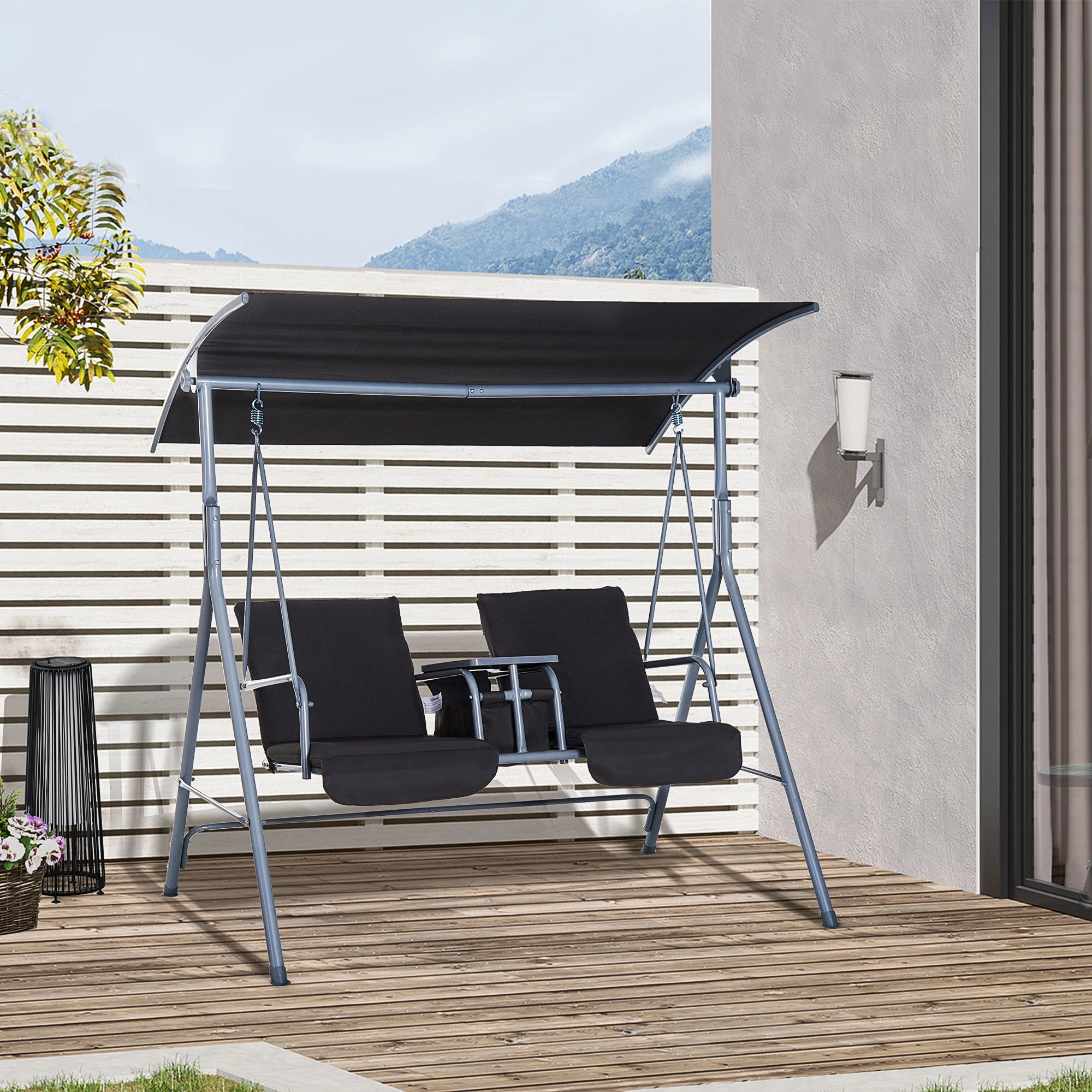 Steel Frame 2-Seater Swing Chair w/ Table Grey