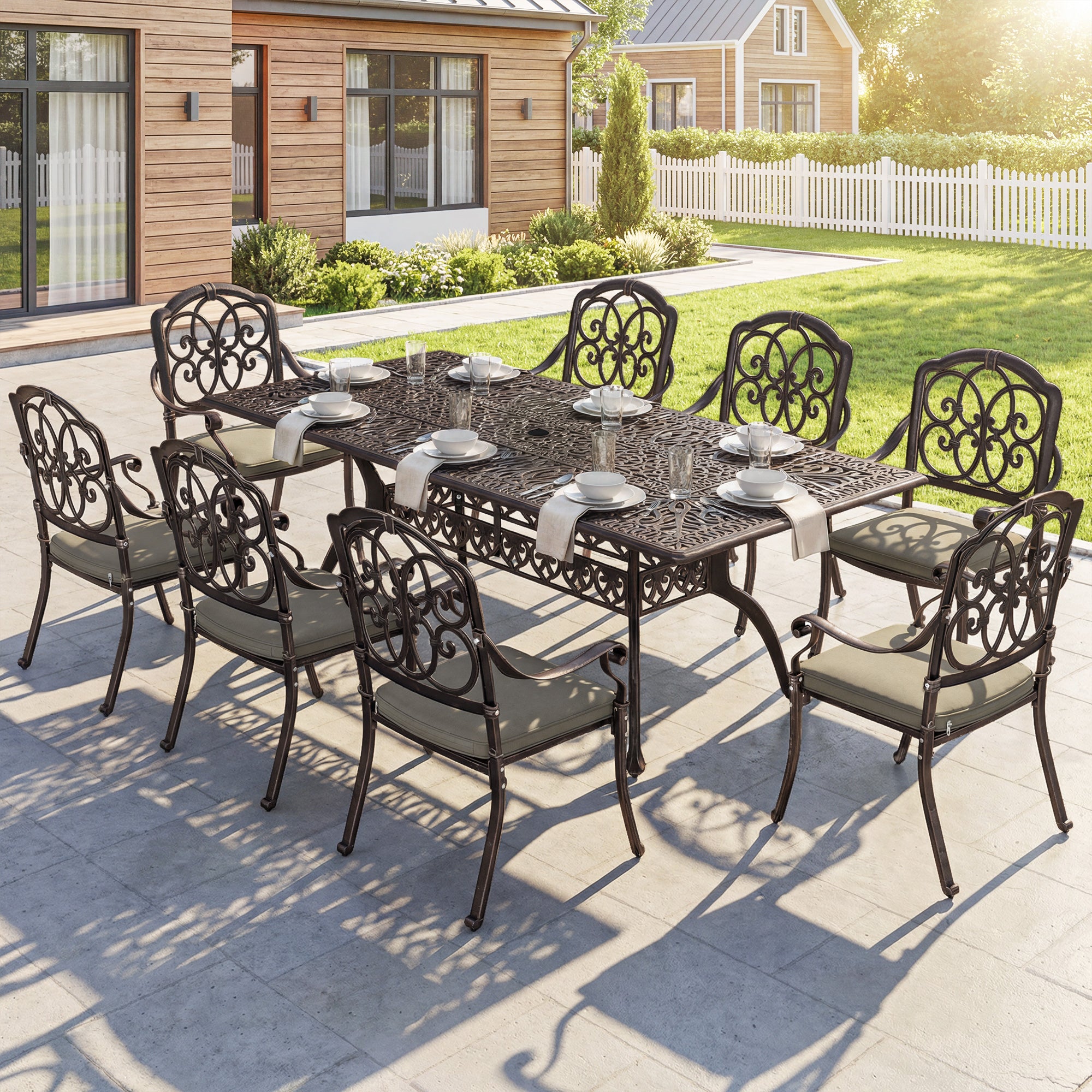 Outsunny 9 Piece Cast Aluminium Garden Dining Set with Cushions, Bronze Tone