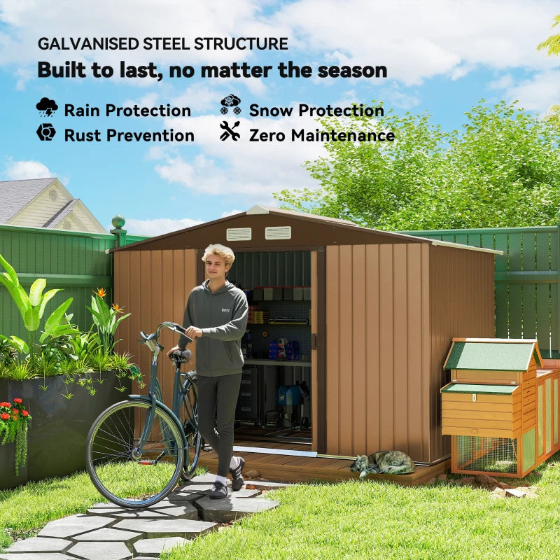 9 x 6ft Metal Garden Shed, Outdoor Storage Tool House with Ventilation Slots, Foundation Kit and Lockable Double Doors, Light Brown