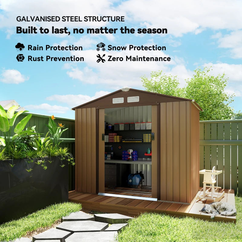 7 x 4ft Lockable Metal Garden Tool Storage Shed, Outdoor Storage Shed with Foundation and vents, Light Brown
