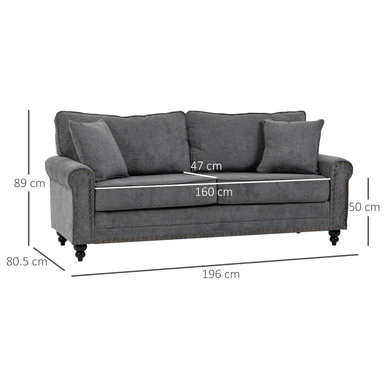196cm 3 Seater Sofa, Fabric Sofa with Rubber Wood Legs, Nailhead Trim, 2 Pillows, Small Upholstered Couch Settee for Living Room, Guest Room, Grey