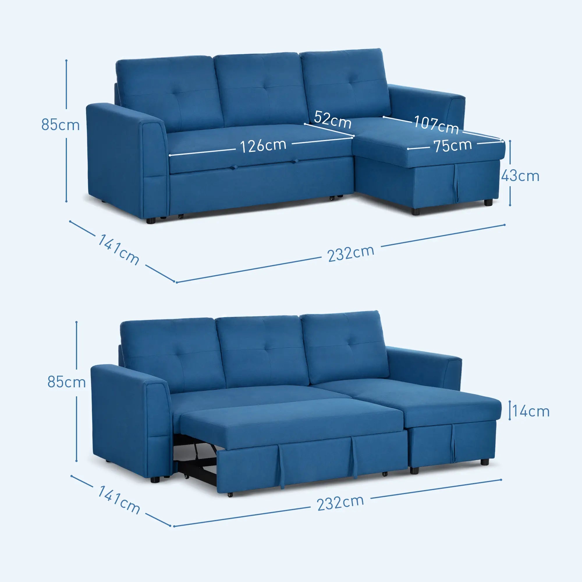 3 Seater Sofa Bed, L Shaped Pull Out Sofa Bed with Storage, Convertible Click Clack Settee Sectional Sleeper Futon for Living Room, Office, Dark Blue