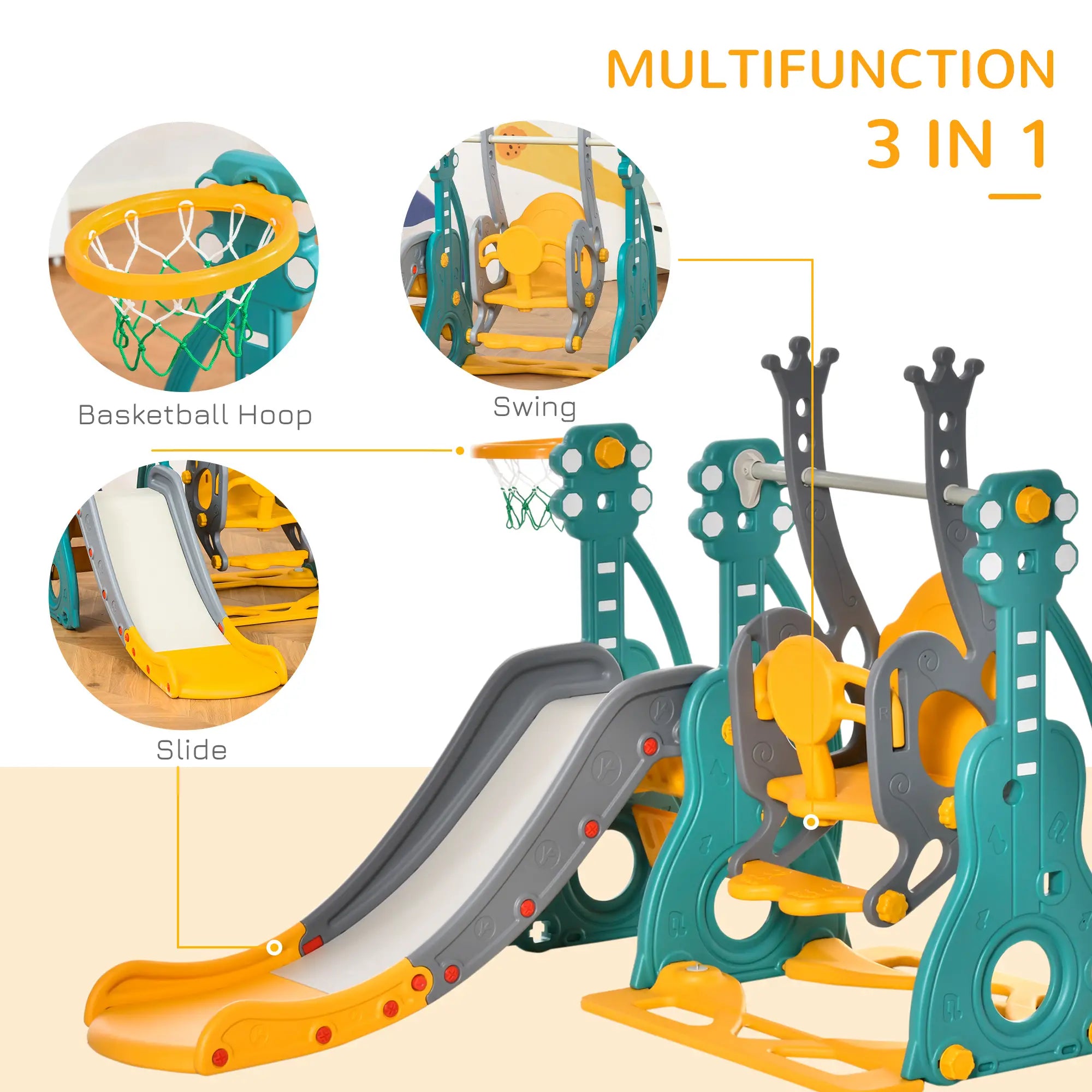 3-IN-1 Kids Swing and Slide Set with Basketball Hoop Slide Swing Adjustable Seat Height Toddler Playground Activity Center Indoor and Outdoor Play Equipment