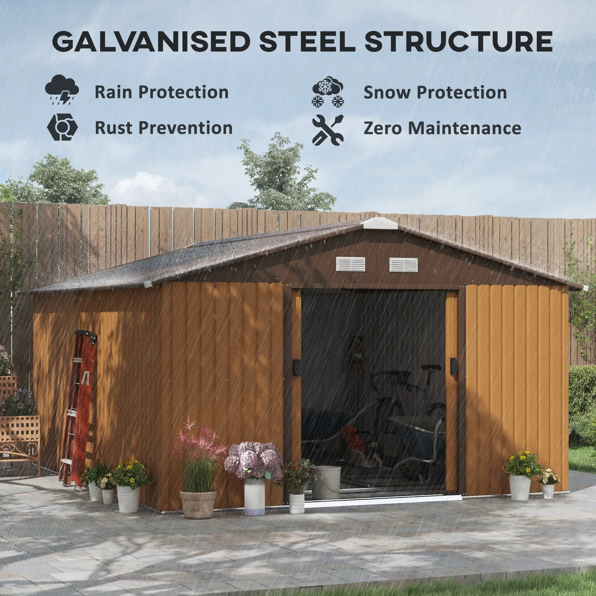 13 x 11ft Metal Garden Shed, Outdoor Storage Tool House with Ventilation Slots, Foundation Kit and Lockable Double Doors, Light Brown