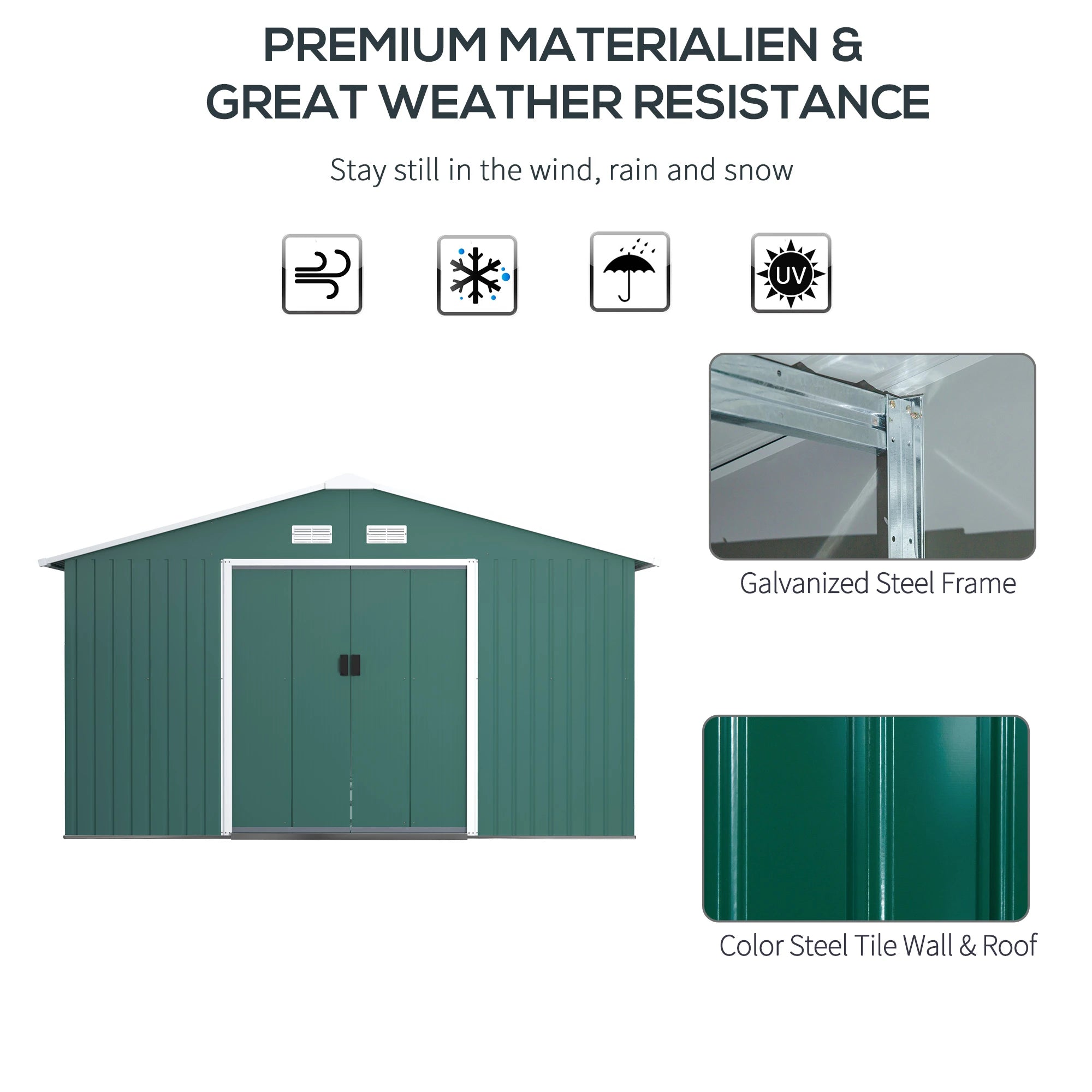 12.5 x 11.1ft Steel Sliding Door Storage Shed - Green