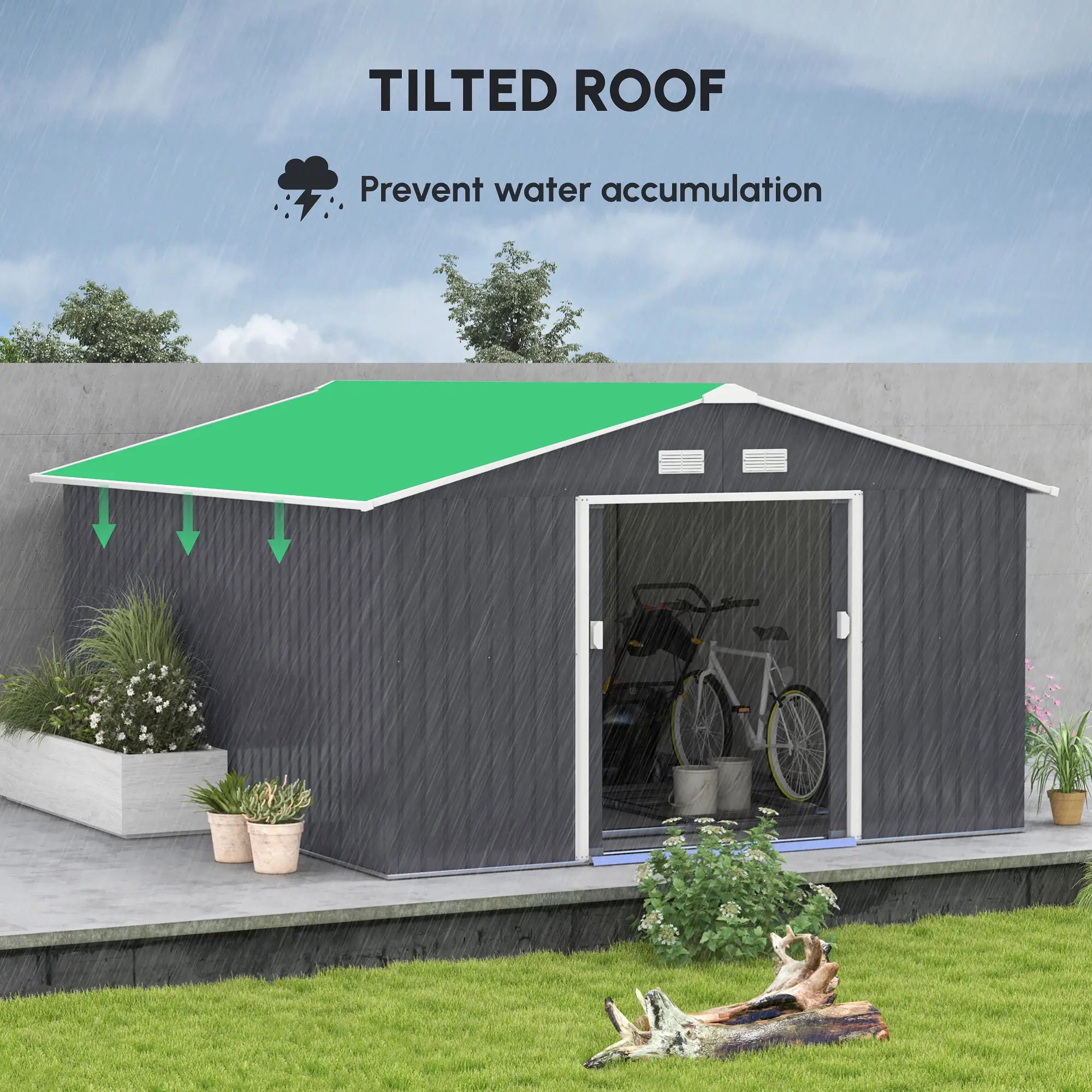13 x 11ft Metal Garden Shed, Outdoor Storage Tool House with Ventilation Slots, Foundation Kit and Lockable Double Doors, Grey