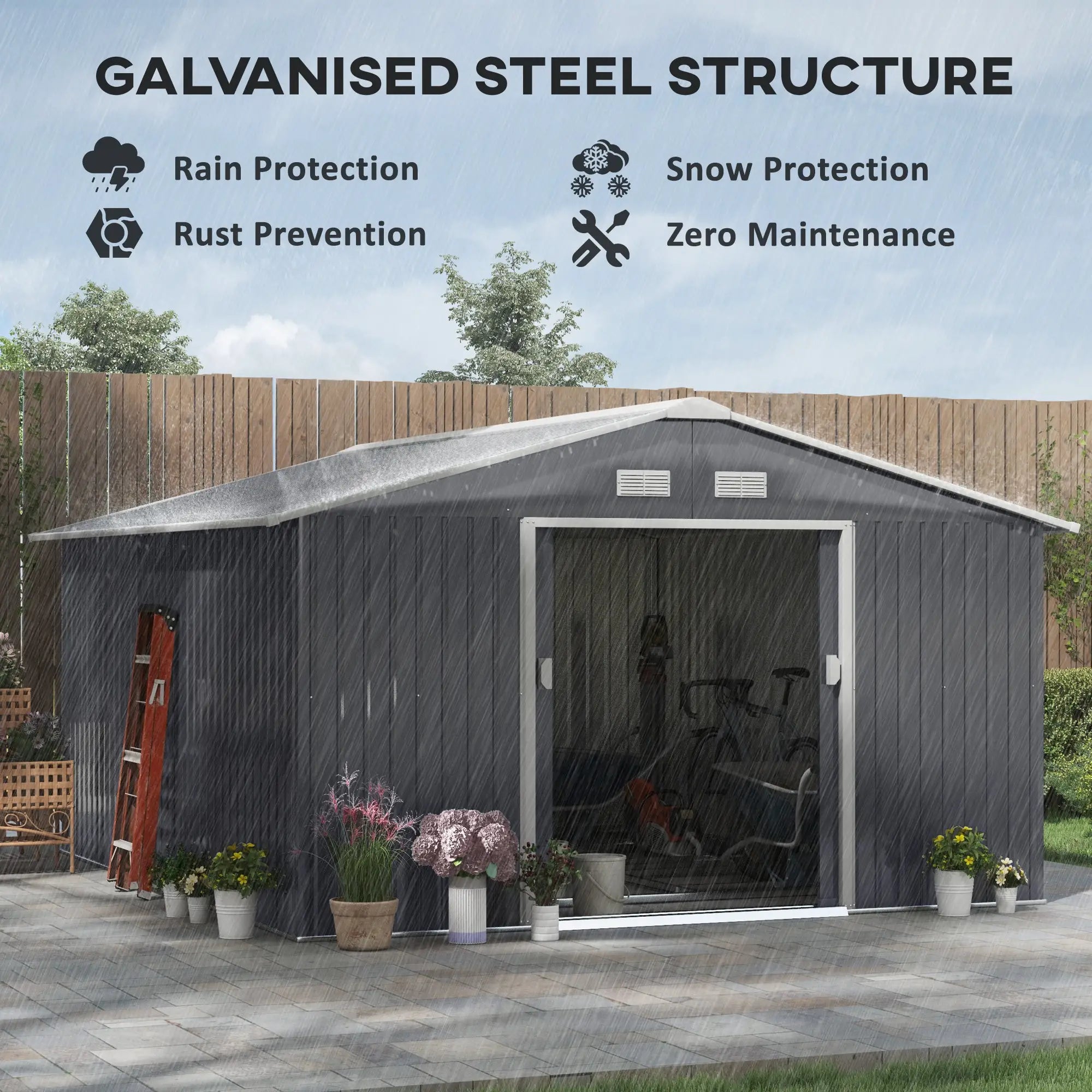 13 x 11ft Metal Garden Shed, Outdoor Storage Tool House with Ventilation Slots, Foundation Kit and Lockable Double Doors, Grey