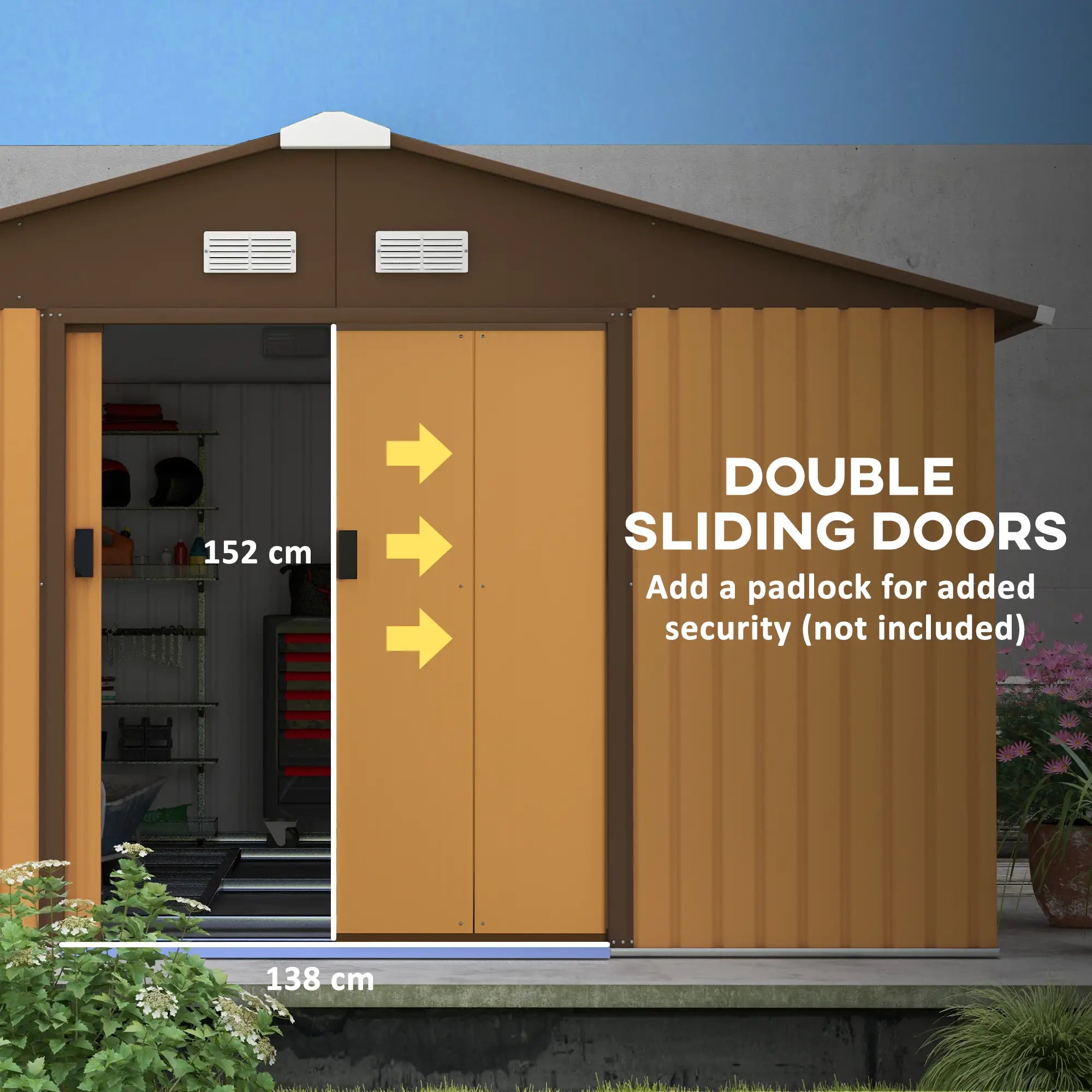 13 x 11ft Metal Garden Shed, Outdoor Storage Tool House with Ventilation Slots, Foundation Kit and Lockable Double Doors, Light Brown