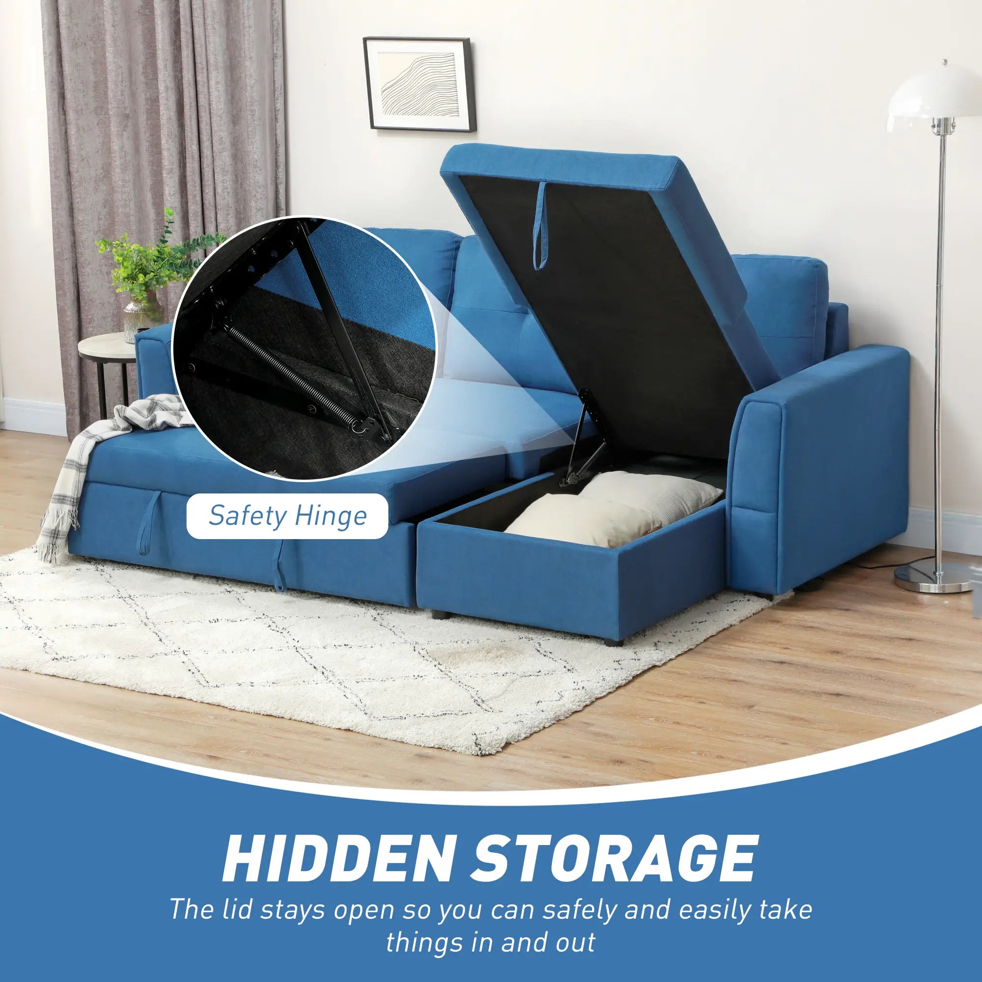 3 Seater Sofa Bed, L Shaped Pull Out Sofa Bed with Storage, Convertible Click Clack Settee Sectional Sleeper Futon for Living Room, Office, Dark Blue