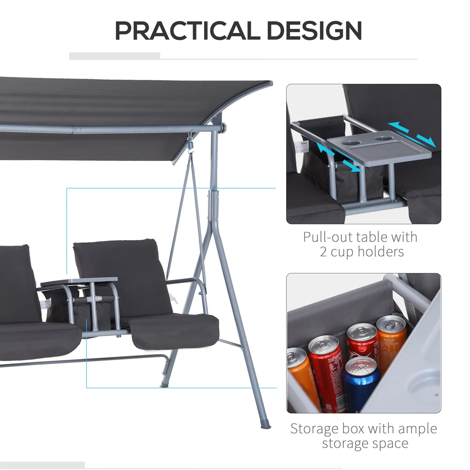Steel Frame 2-Seater Swing Chair w/ Table Grey