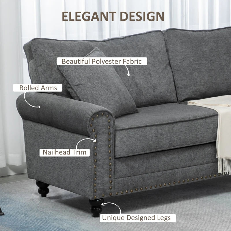 196cm 3 Seater Sofa, Fabric Sofa with Rubber Wood Legs, Nailhead Trim, 2 Pillows, Small Upholstered Couch Settee for Living Room, Guest Room, Grey