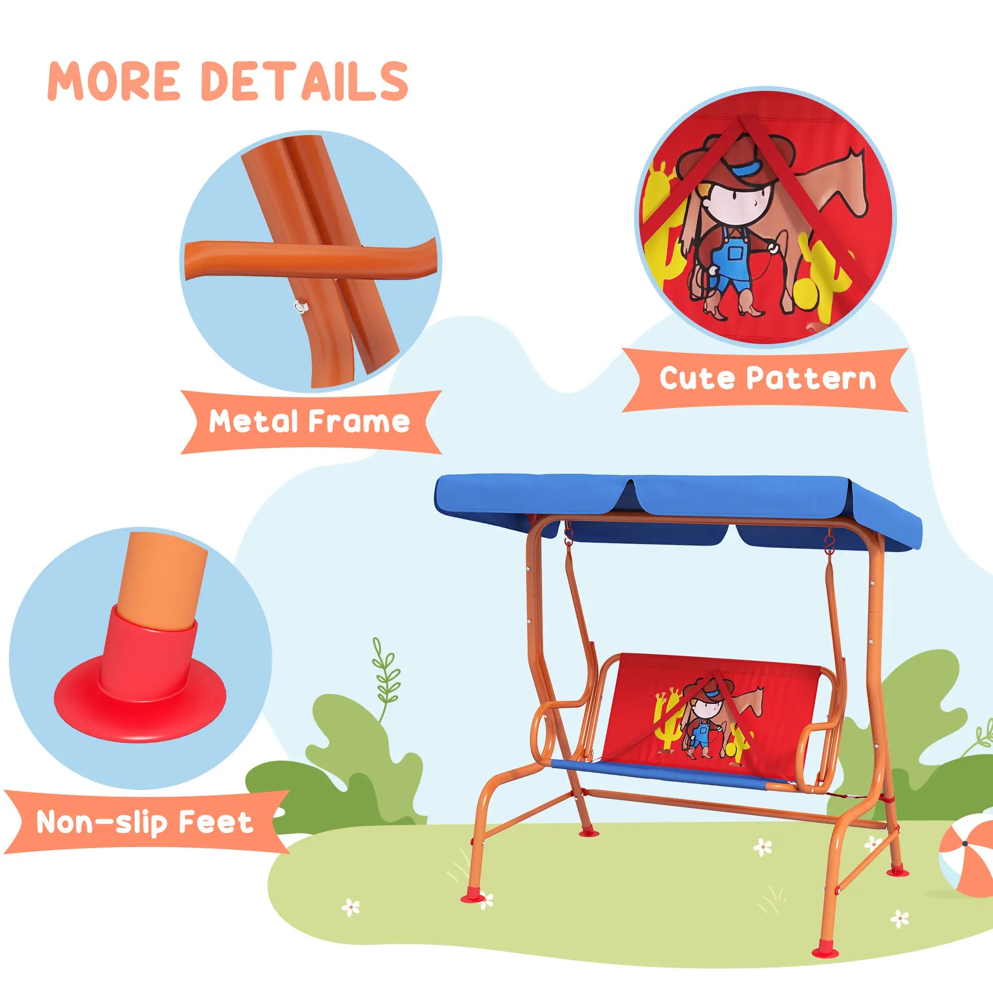 Two Seater Kids Garden Swing, Cowboy Themed kids Swing Chair with Adjustable Canopy, Safety Belts for Outdoor Use