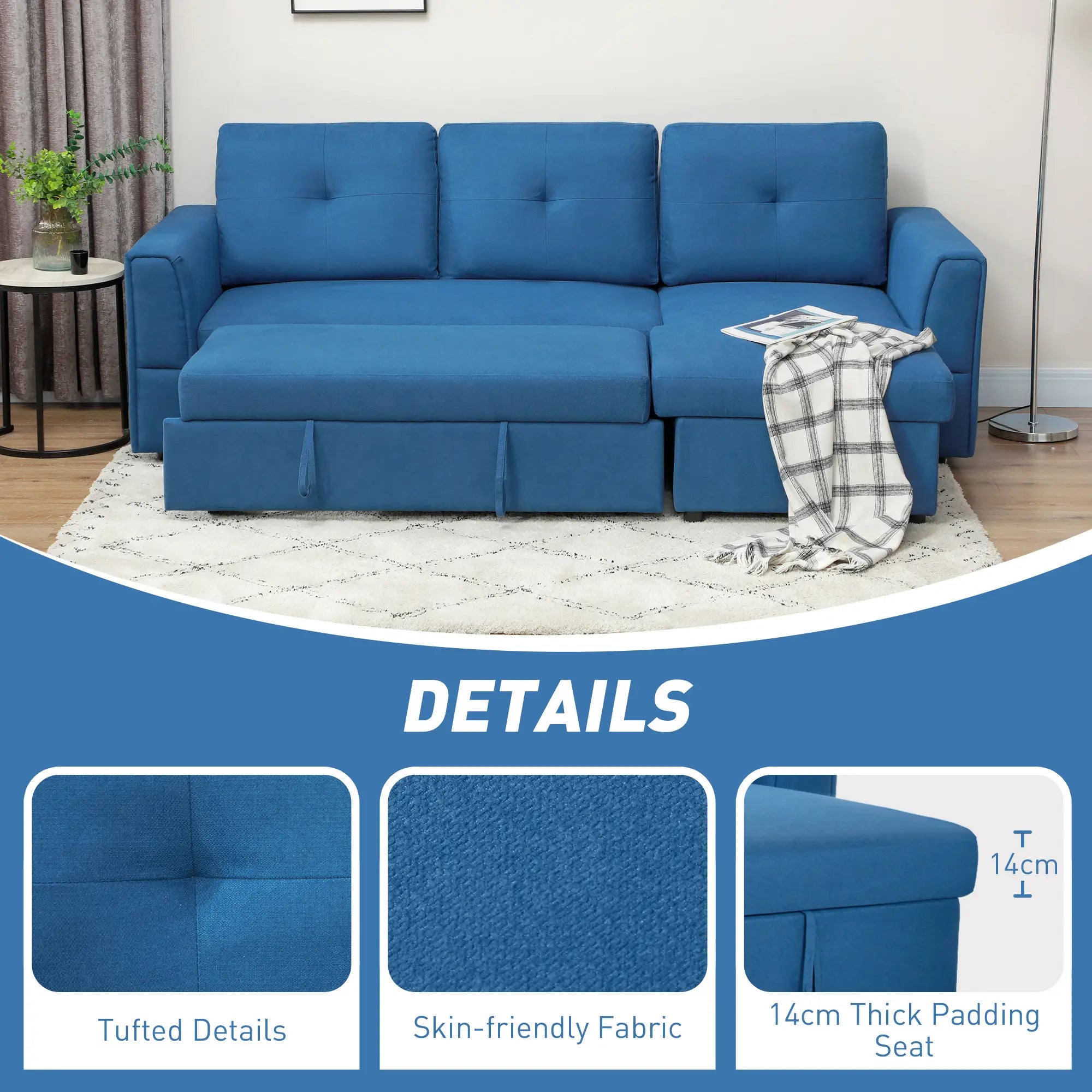3 Seater Sofa Bed, L Shaped Pull Out Sofa Bed with Storage, Convertible Click Clack Settee Sectional Sleeper Futon for Living Room, Office, Dark Blue