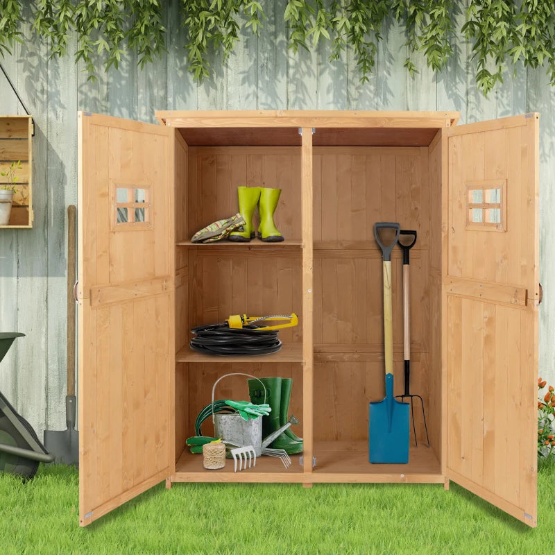 Wooden Garden Shed with Two Windows, Tool Storage Cabinet, Outdoor Double Door Organizer 127.5L x 50W x 164H cm, Natural
