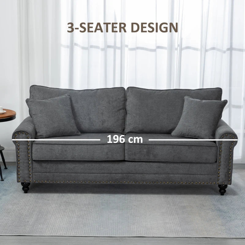 196cm 3 Seater Sofa, Fabric Sofa with Rubber Wood Legs, Nailhead Trim, 2 Pillows, Small Upholstered Couch Settee for Living Room, Guest Room, Grey