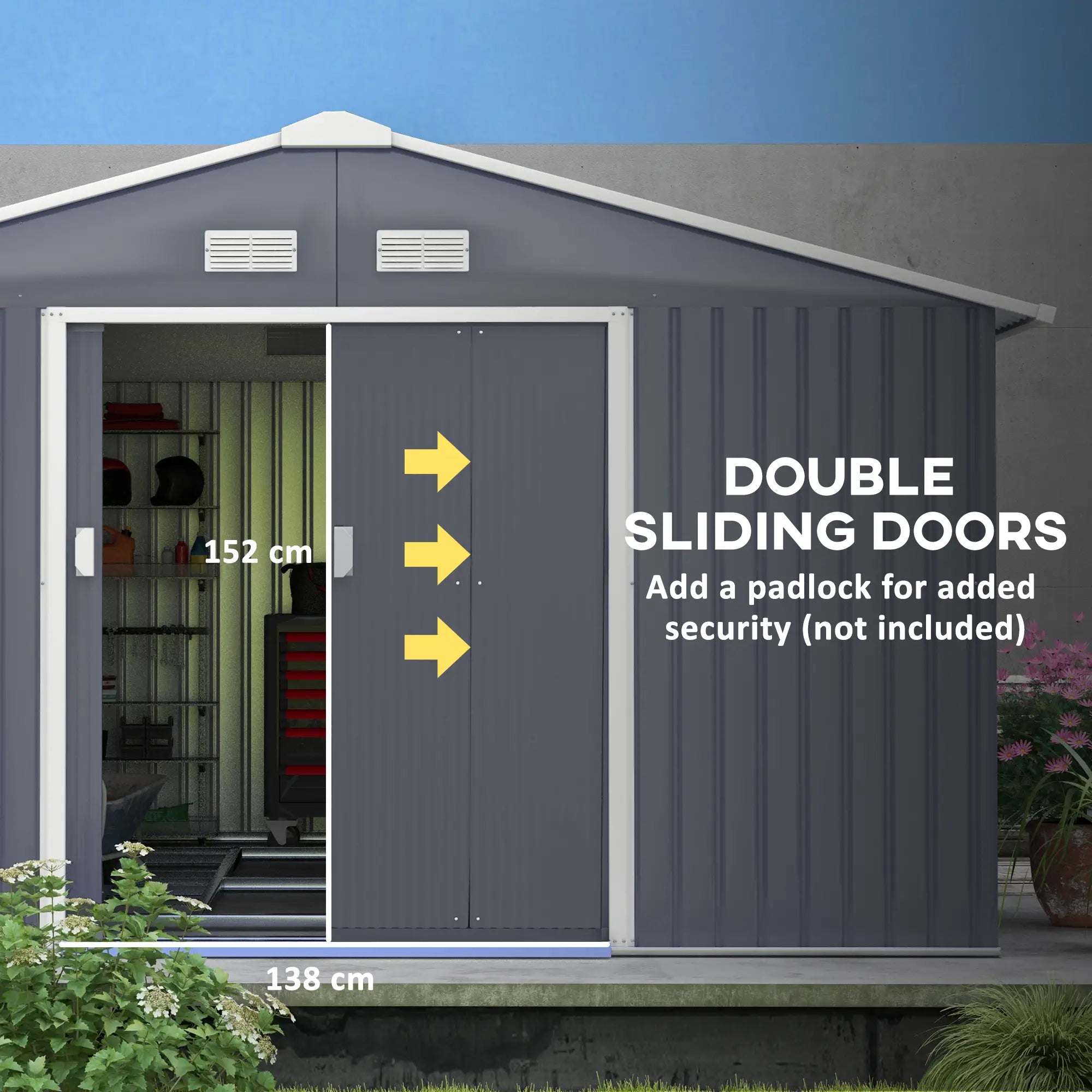 13 x 11ft Metal Garden Shed, Outdoor Storage Tool House with Ventilation Slots, Foundation Kit and Lockable Double Doors, Grey