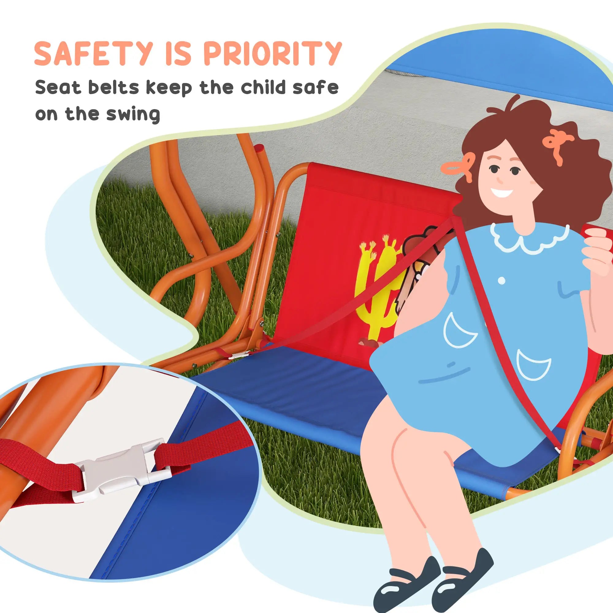 Two Seater Kids Garden Swing, Cowboy Themed kids Swing Chair with Adjustable Canopy, Safety Belts for Outdoor Use