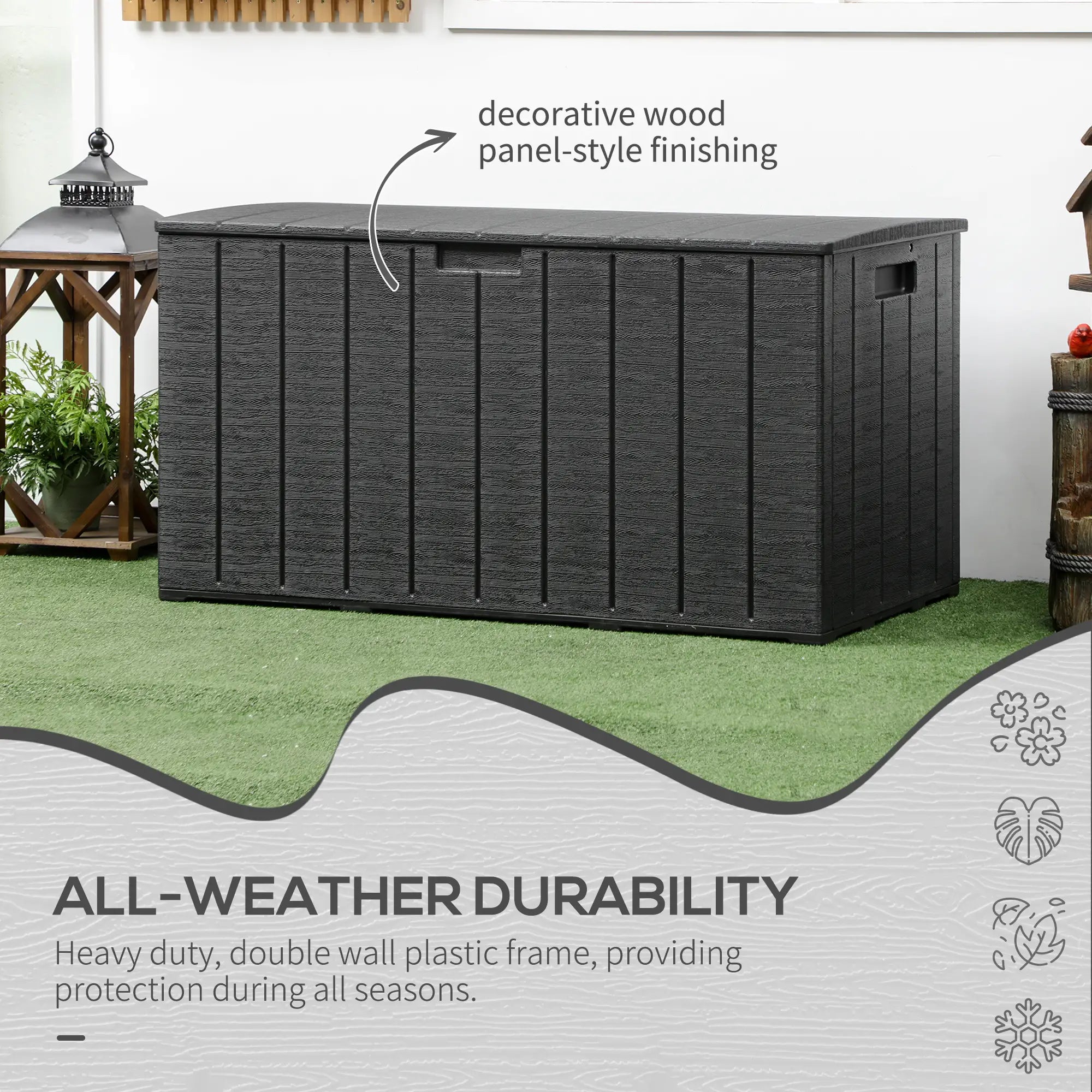 336 Litre Garden Storage Box, Water-resistant Heavy Duty Double Wall Plastic Container, Extra Large Outdoor Garden Furniture Organizer, Deck Cushion Chest with Wheels and Handles, Black