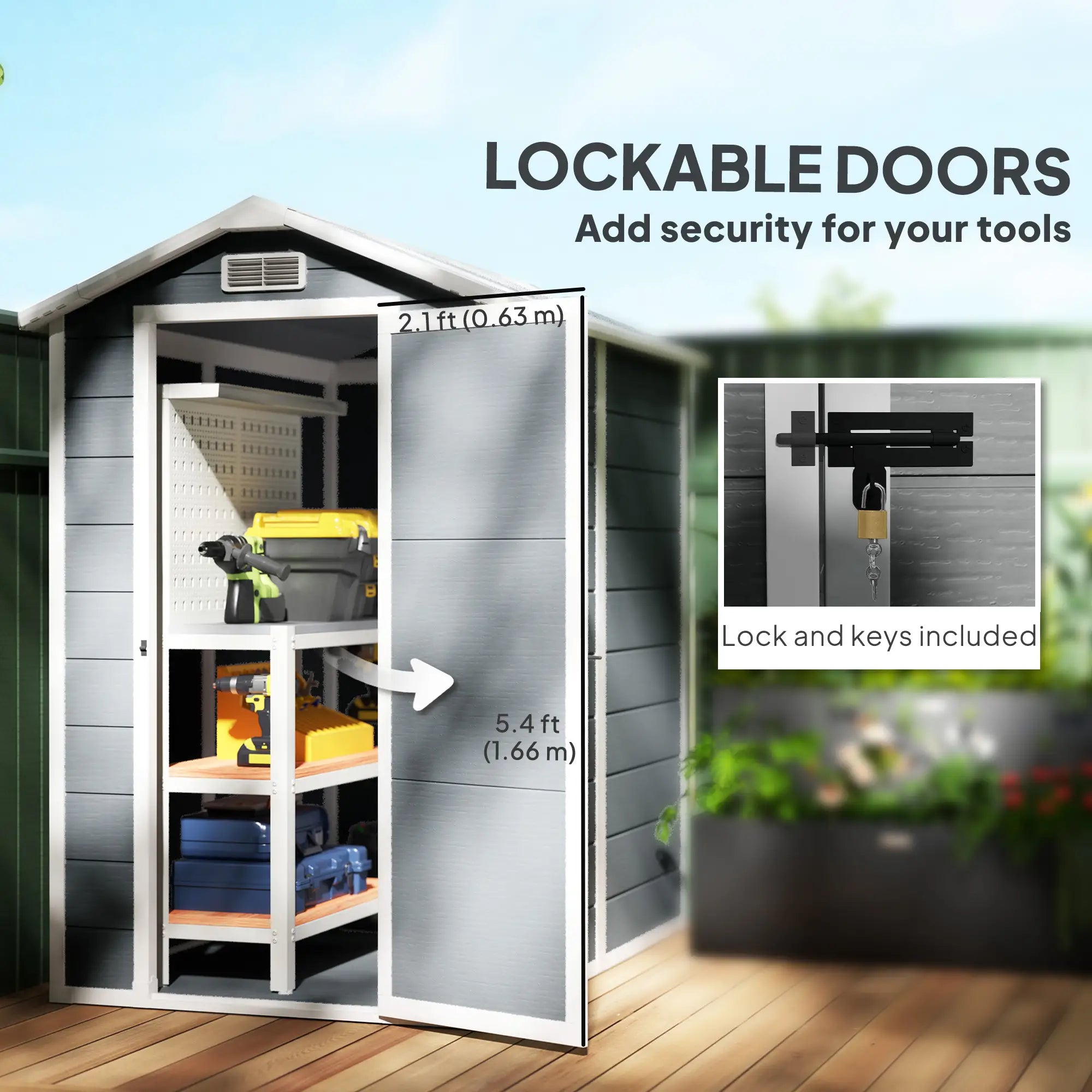 4 x 6ft Garden Shed, Plastic Shed with Floor, Window, Lockable Door and Vents, Resin Tool Shed for Outdoor Patio Storage, Zero Maintenance, Grey