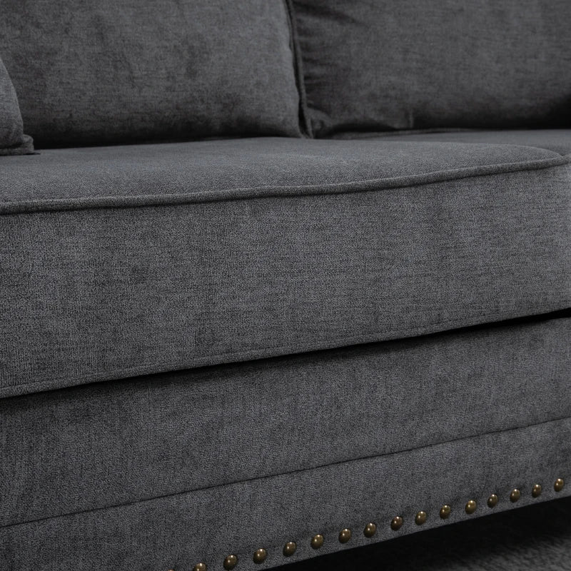 196cm 3 Seater Sofa, Fabric Sofa with Rubber Wood Legs, Nailhead Trim, 2 Pillows, Small Upholstered Couch Settee for Living Room, Guest Room, Grey