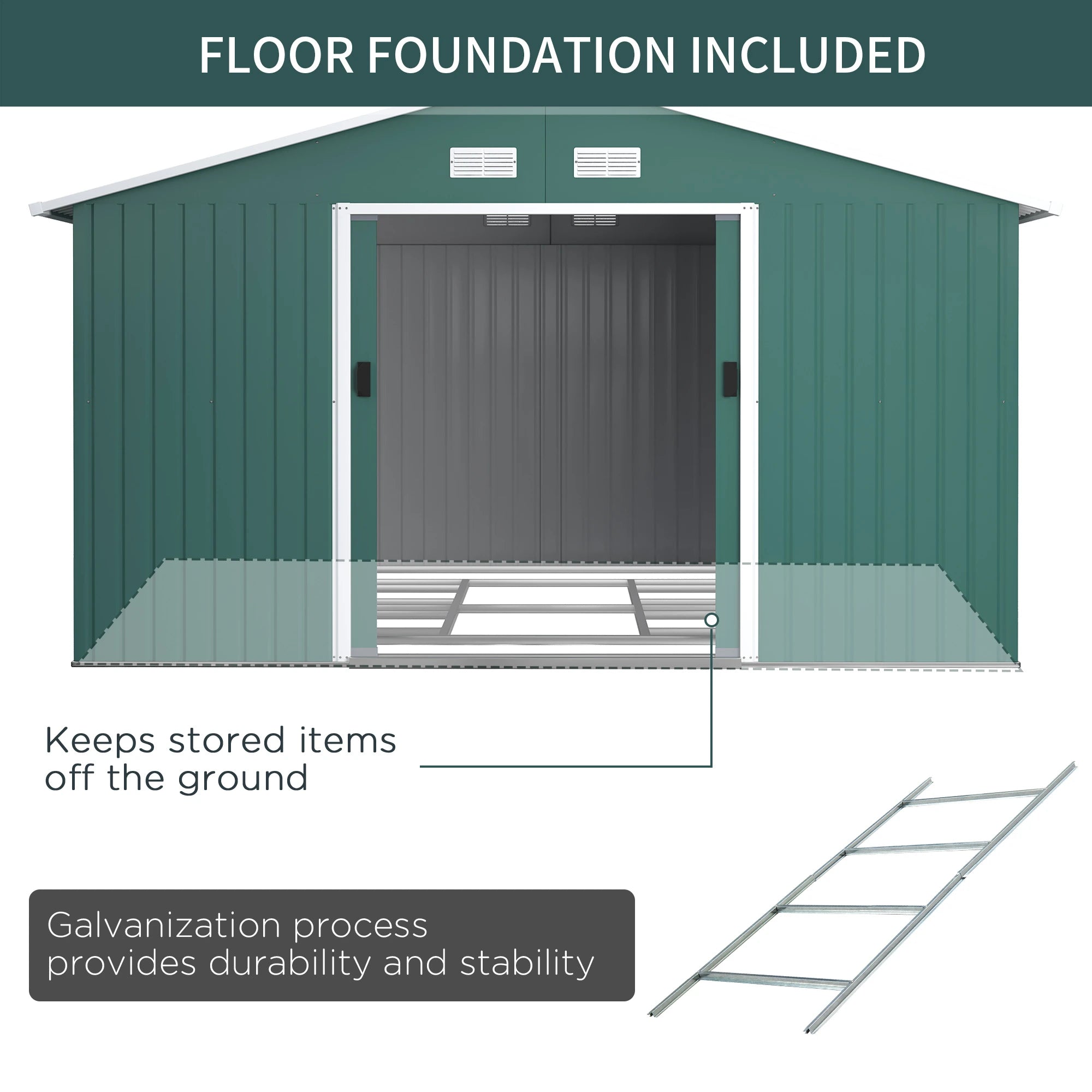 12.5 x 11.1ft Steel Sliding Door Storage Shed - Green