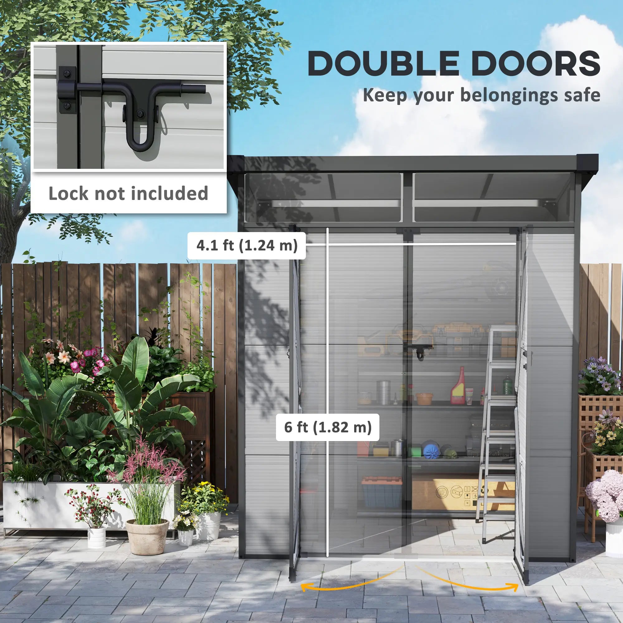 6 x 6ft Outdoor Storage Shed, Plastic Garden Shed with Windows and Air Vents, Outdoor Resin Tool Shed with Latch Doors for Garden, Deck, Light Grey