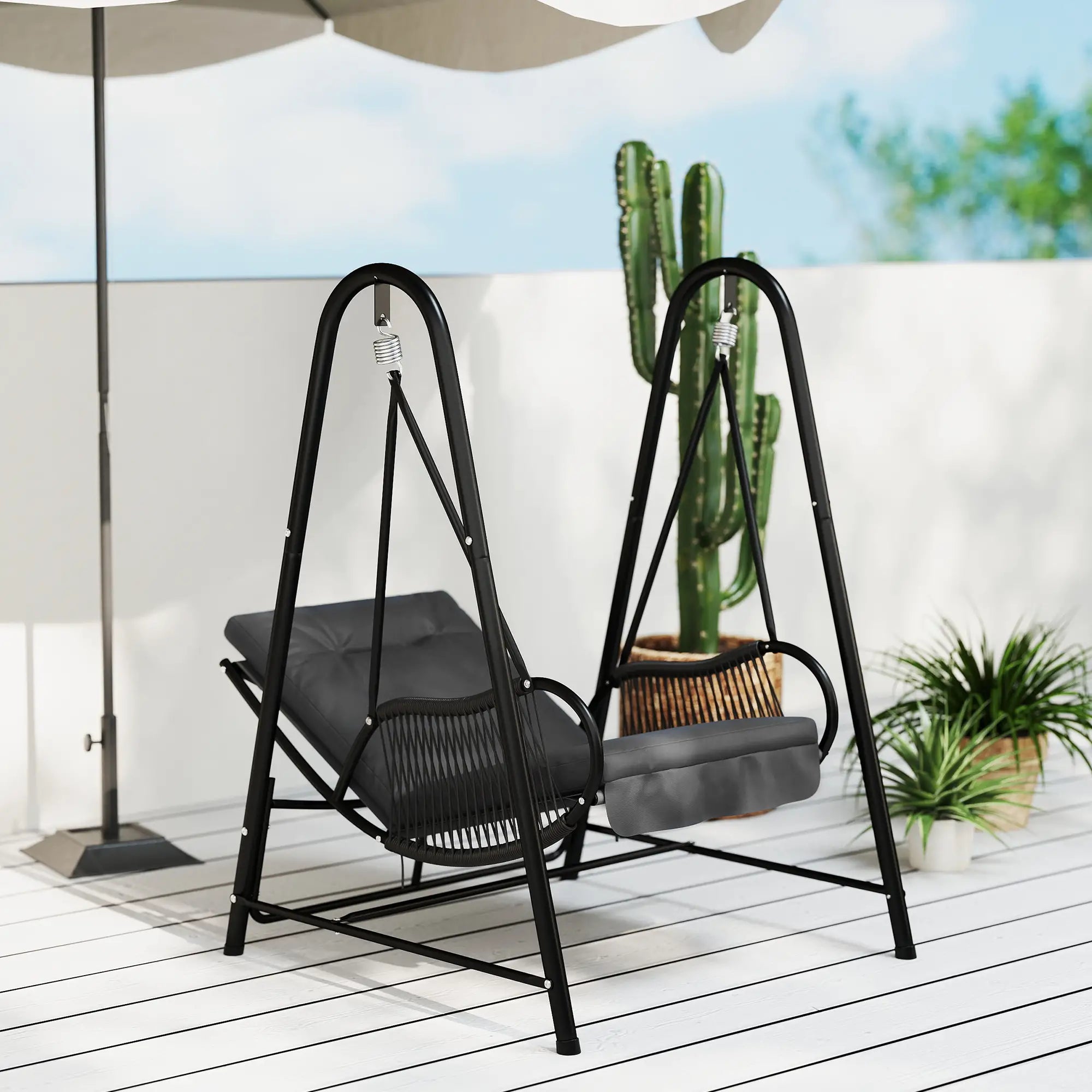 Rattan Swing Chair, Outdoor Garden Hanging Swing Seat with Stand and Seat Cushion, Porch Hanging Chair for Balcony, Garden, Deck, Dark Grey