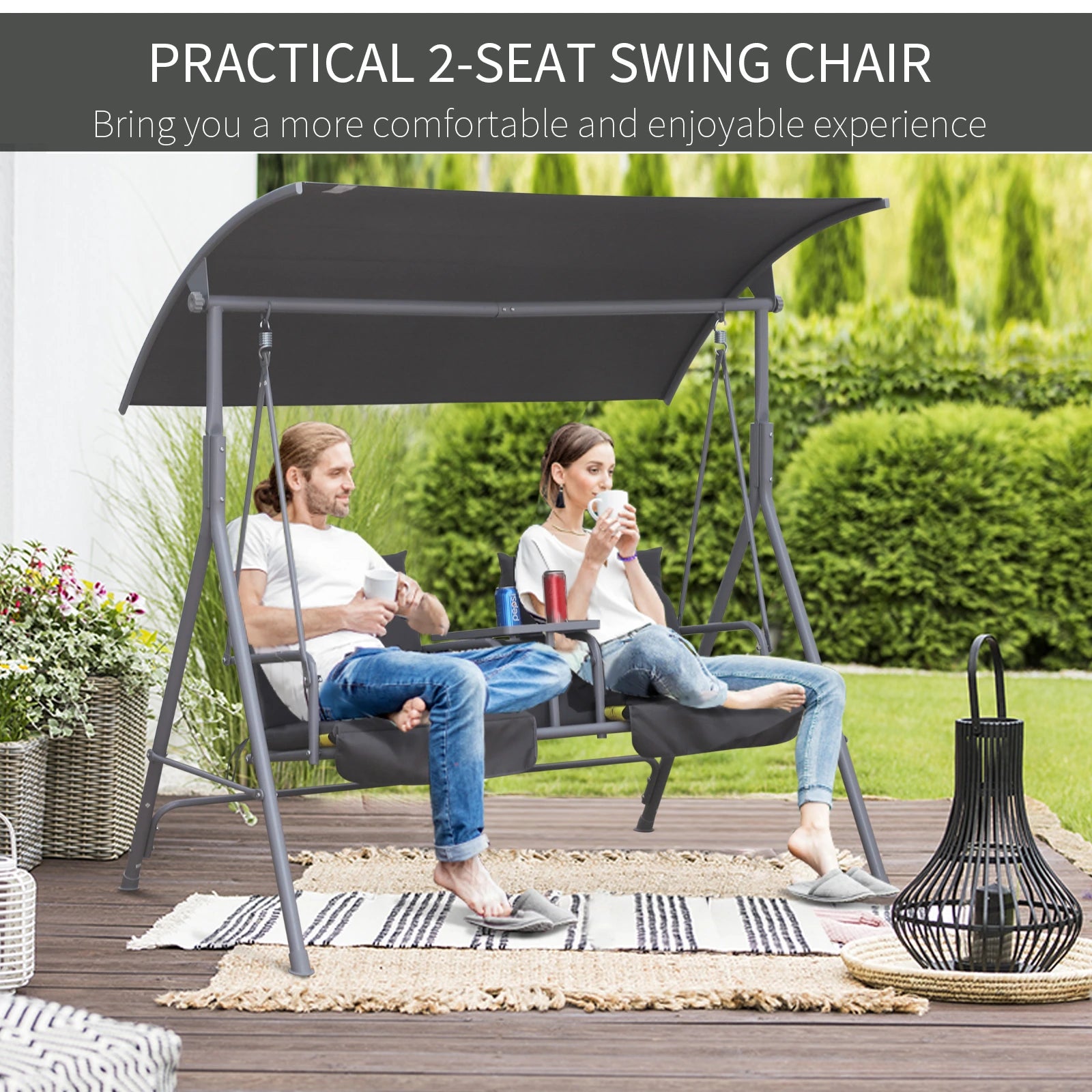 Steel Frame 2-Seater Swing Chair w/ Table Grey