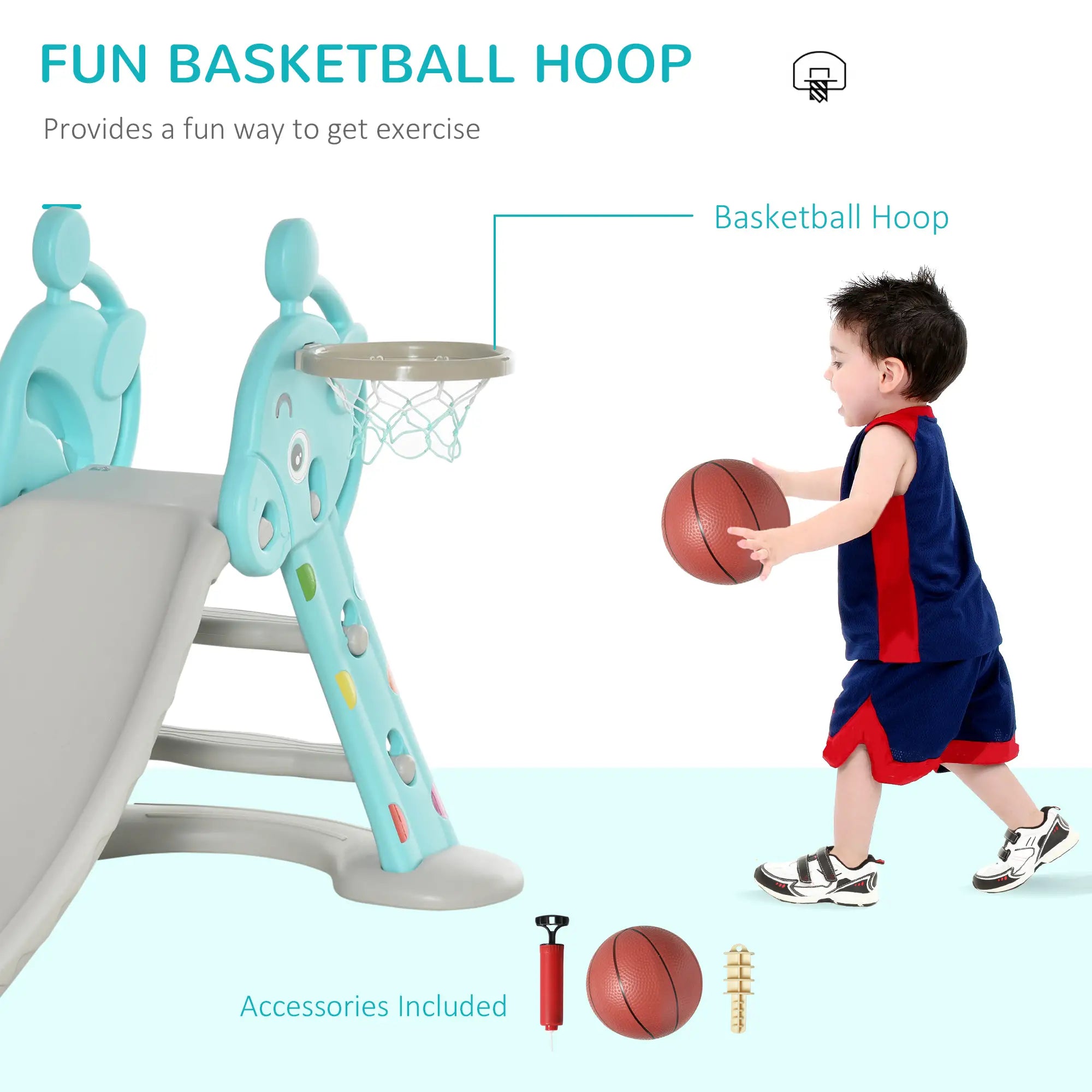 Kids Slide 2 in 1 Toddler Freestanding slide with Basketball Hoop Indoor/Outdoor Use Deer Shaped for 18 months -4 Years Old Blue