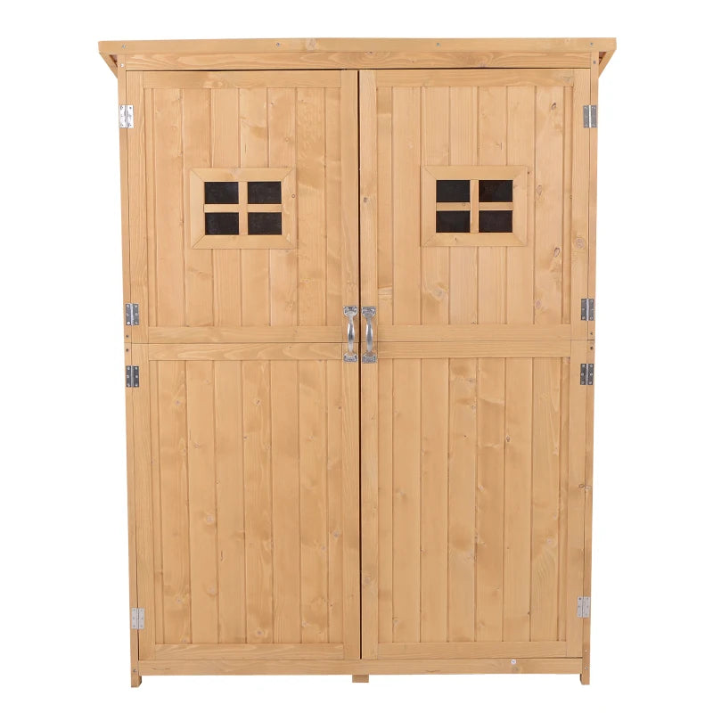 Wooden Garden Shed with Two Windows, Tool Storage Cabinet, Outdoor Double Door Organizer 127.5L x 50W x 164H cm, Natural