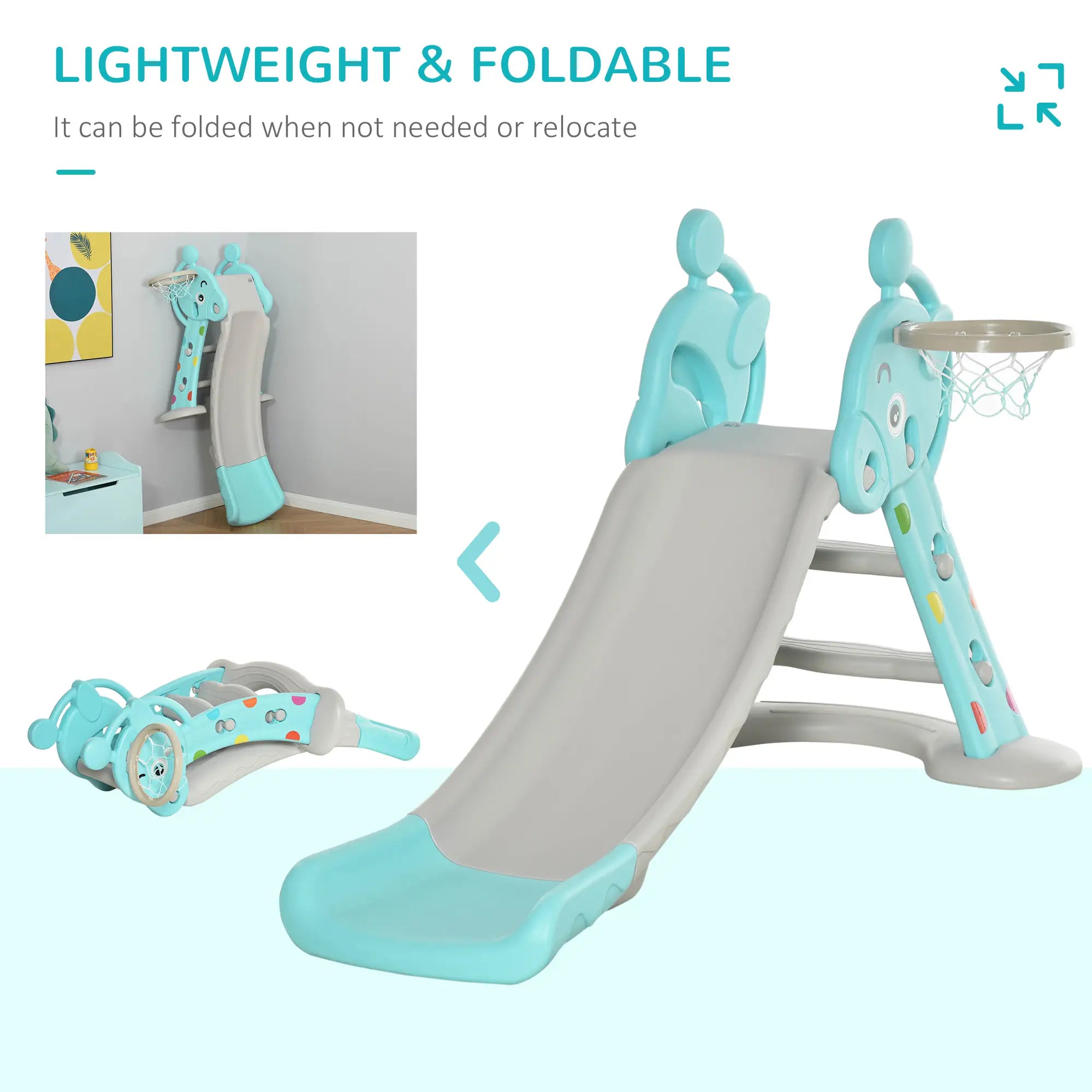 Kids Slide 2 in 1 Toddler Freestanding slide with Basketball Hoop Indoor/Outdoor Use Deer Shaped for 18 months -4 Years Old Blue