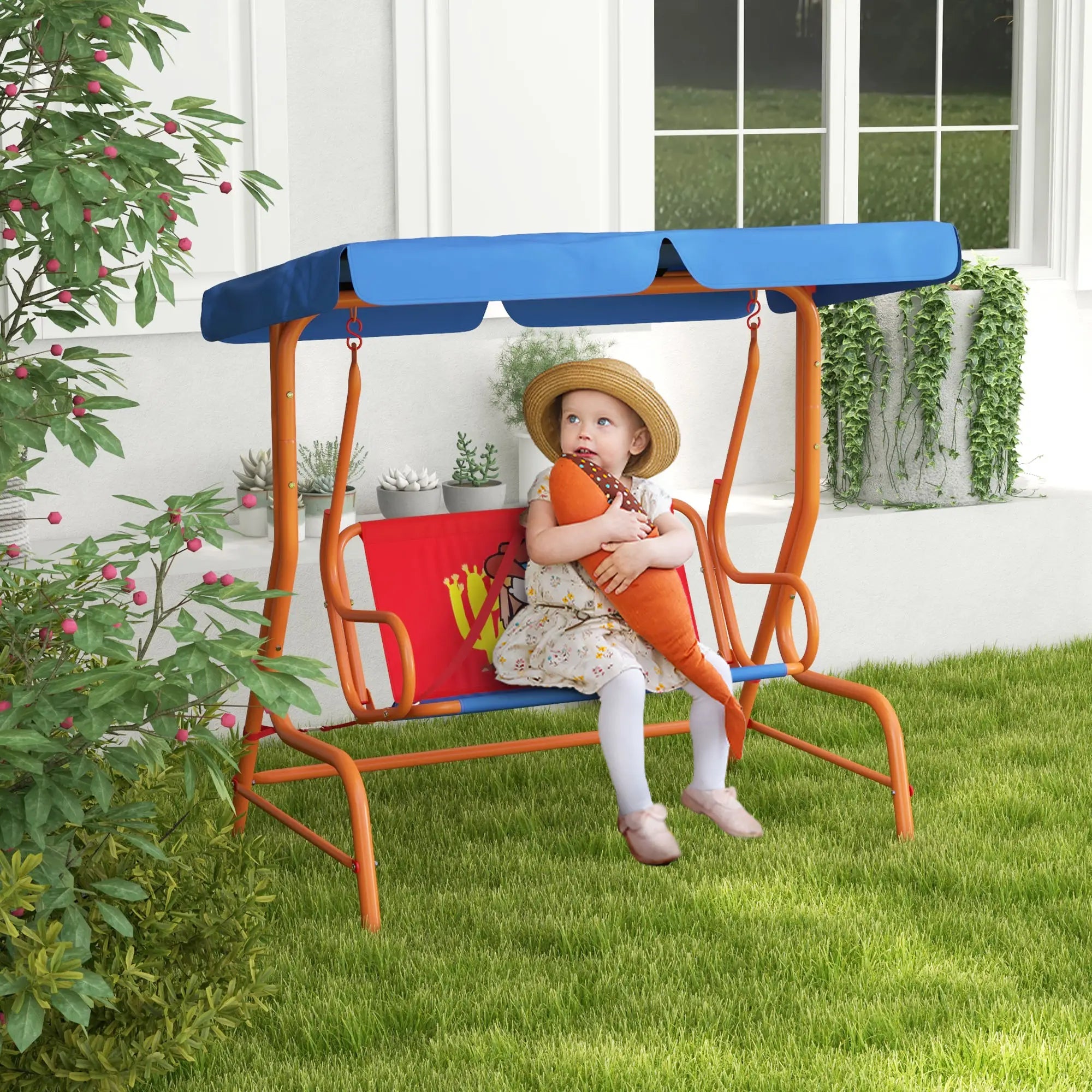 Two Seater Kids Garden Swing, Cowboy Themed kids Swing Chair with Adjustable Canopy, Safety Belts for Outdoor Use