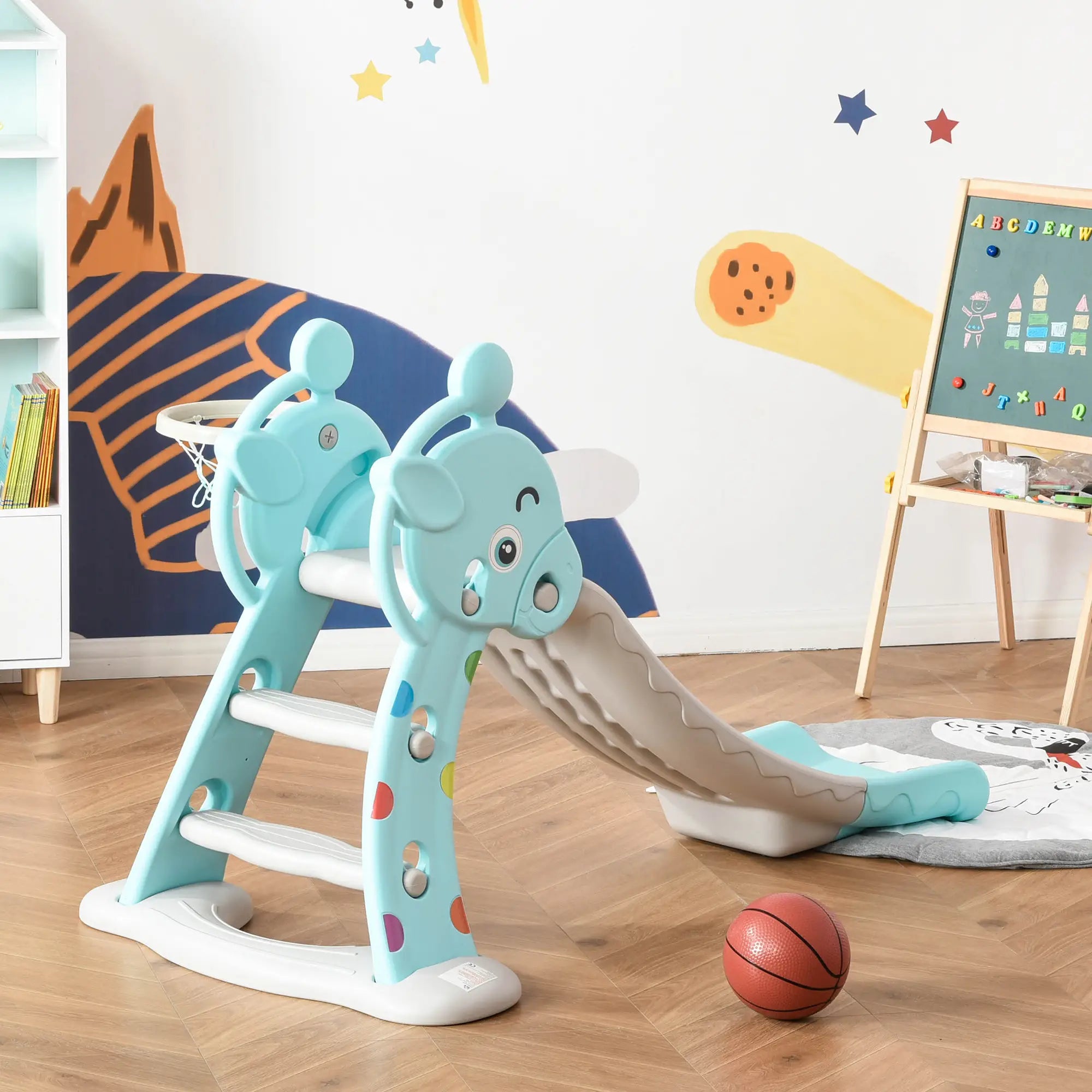 Kids Slide 2 in 1 Toddler Freestanding slide with Basketball Hoop Indoor/Outdoor Use Deer Shaped for 18 months -4 Years Old Blue