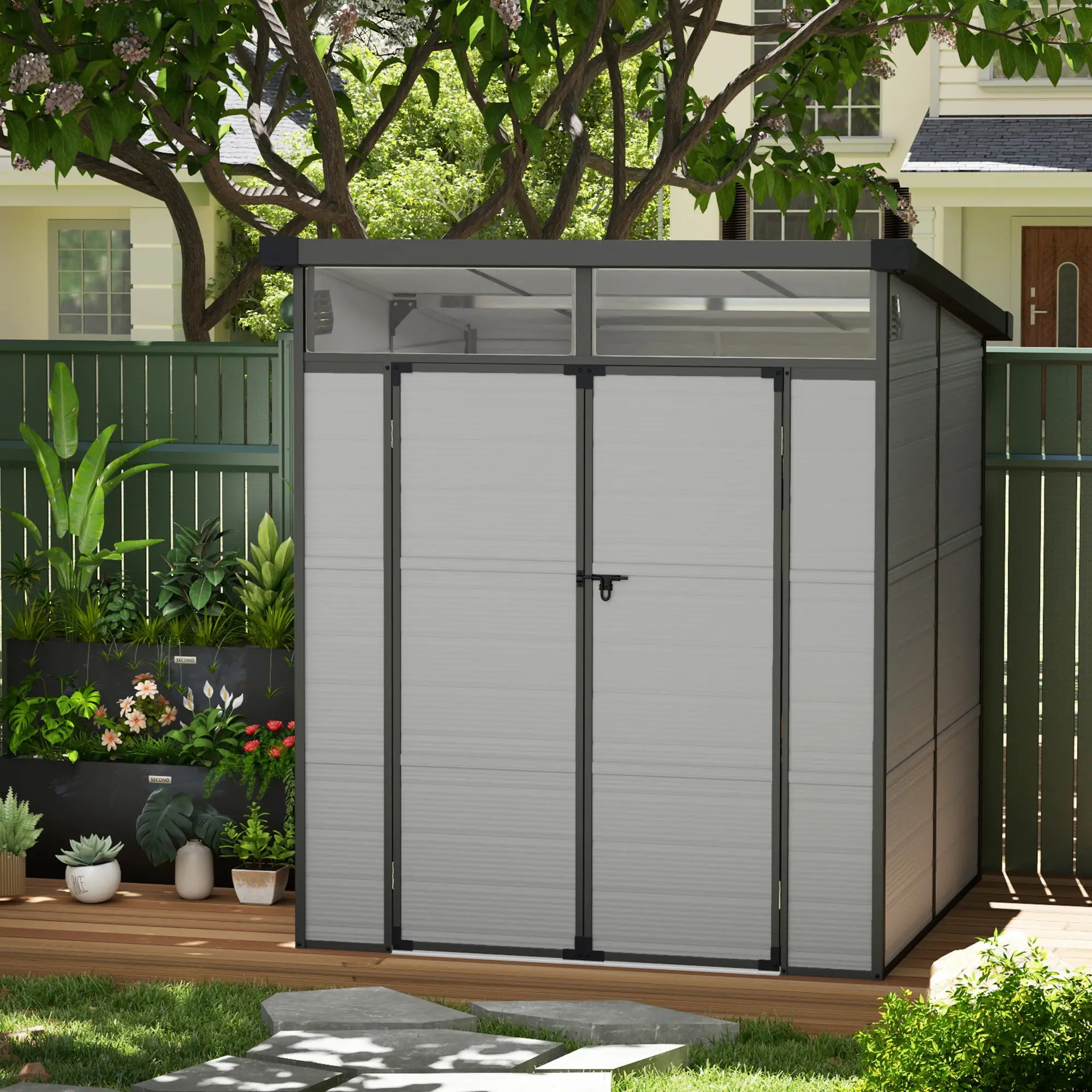6 x 6ft Outdoor Storage Shed, Plastic Garden Shed with Windows and Air Vents, Outdoor Resin Tool Shed with Latch Doors for Garden, Deck, Light Grey