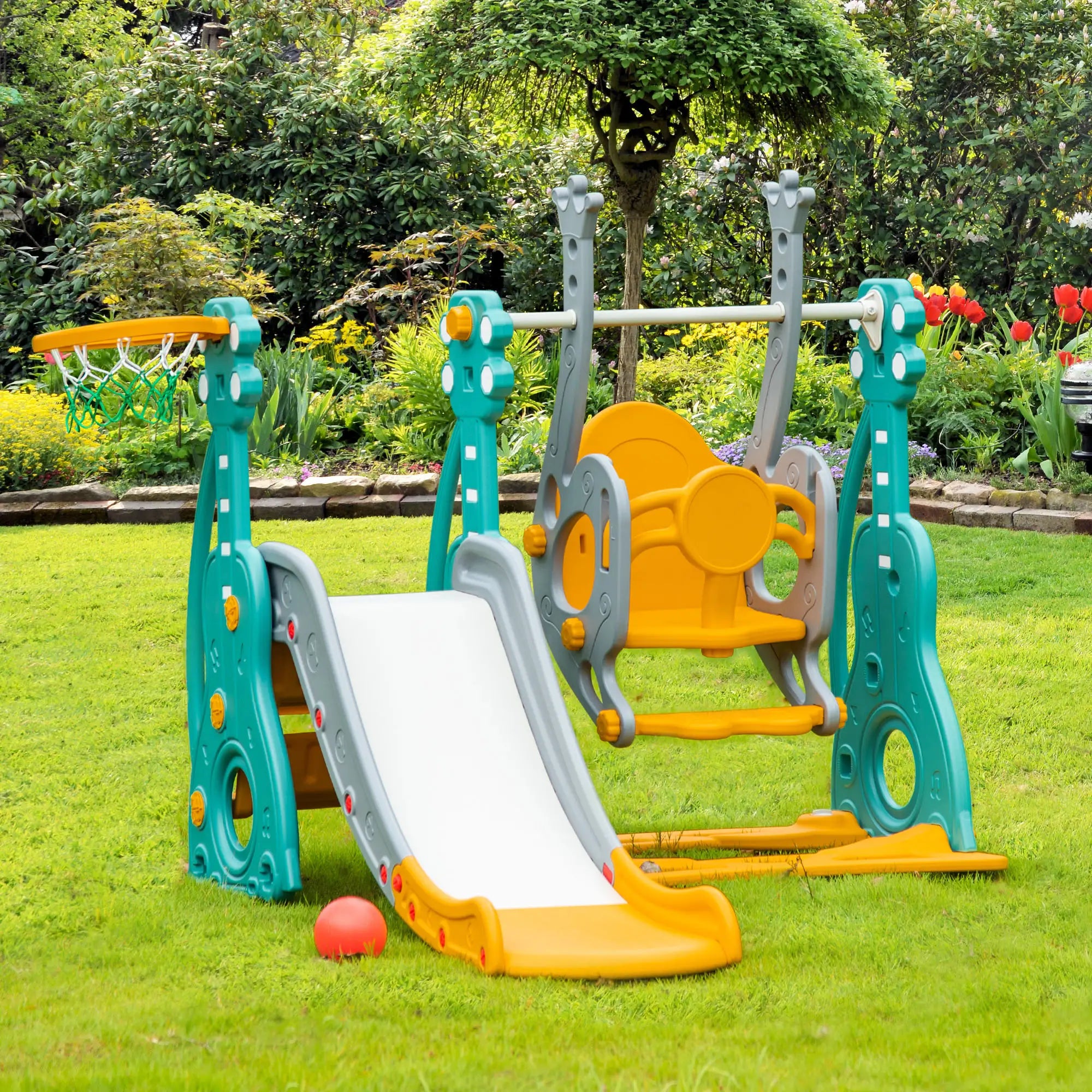 3-IN-1 Kids Swing and Slide Set with Basketball Hoop Slide Swing Adjustable Seat Height Toddler Playground Activity Center Indoor and Outdoor Play Equipment