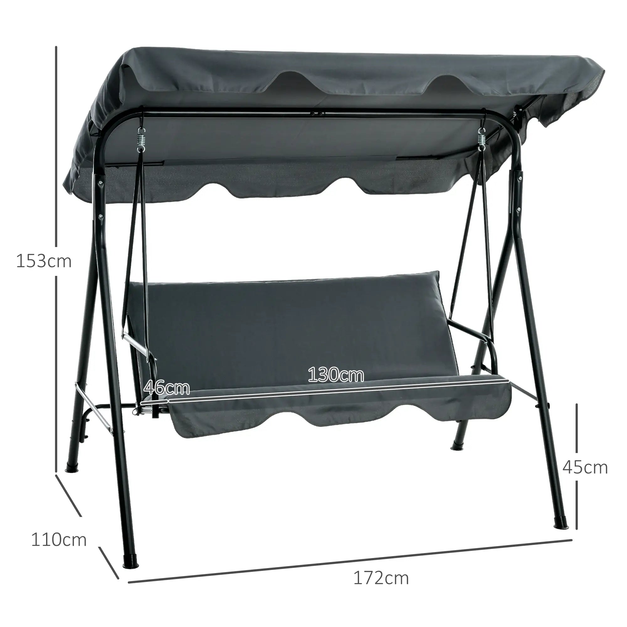 3 Seater Garden Swing Chair, Outdoor Swing Chair with Adjustable Canopy, Mental Frame & Cushions, Grey
