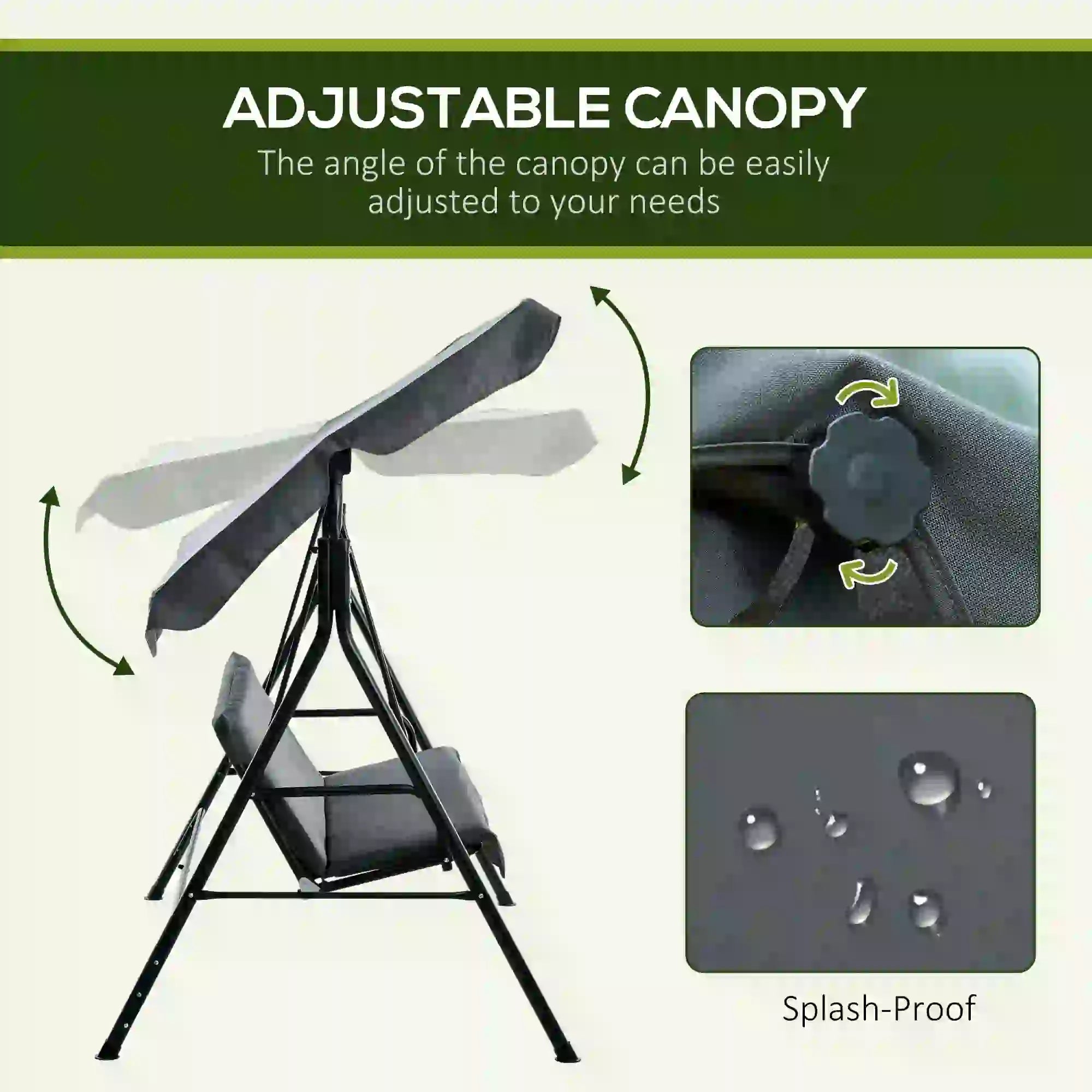3 Seater Garden Swing Chair, Outdoor Swing Chair with Adjustable Canopy, Mental Frame & Cushions, Grey